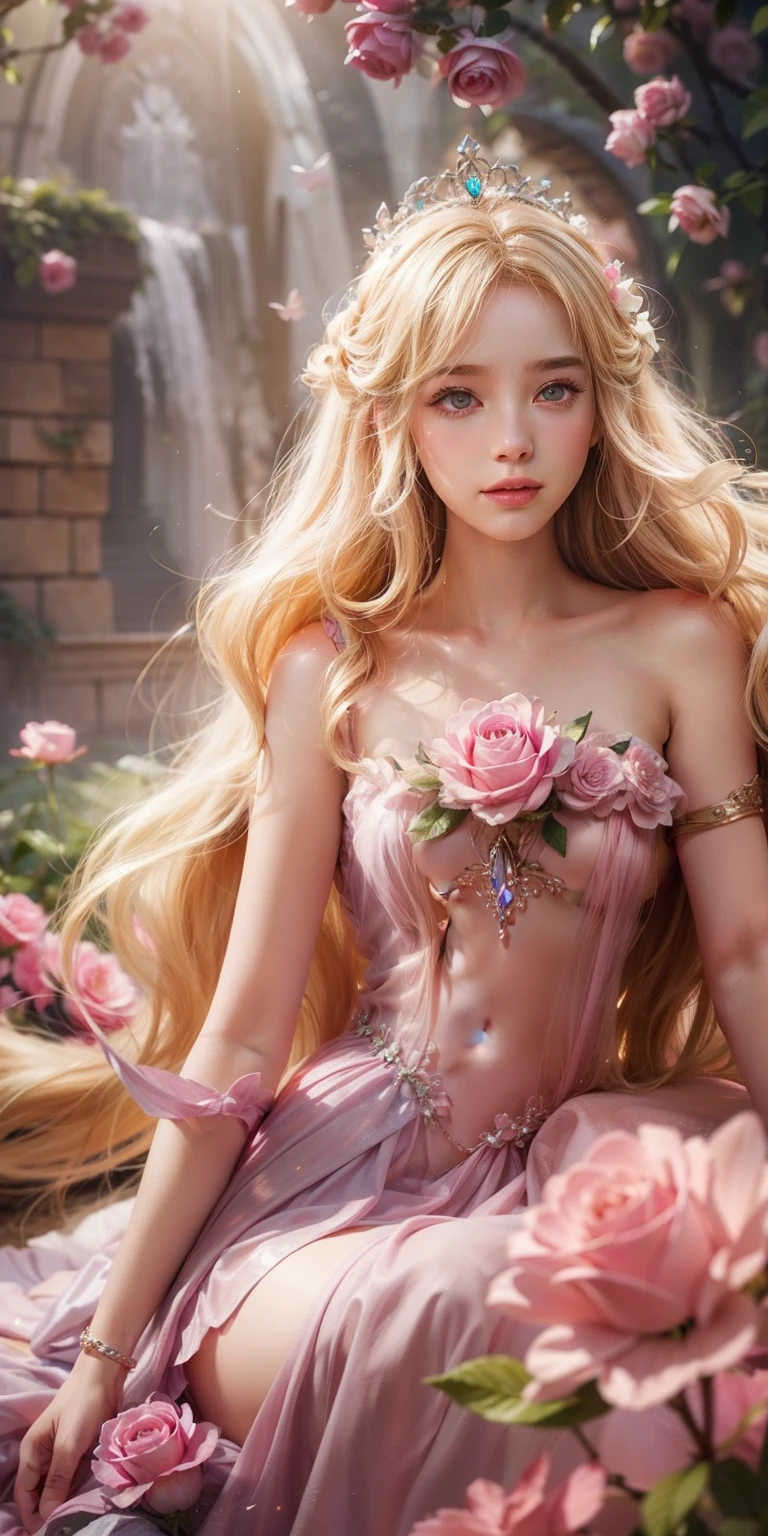 Barbie in a cute pink dress,delicated face,Blonde hair fluttered in the wind、Princess dress,The princess has a beautiful crown、kindly smile、Beautiful garden background、Gentle and transparent,Delicate pattern,Pink rose space, Soft lighting, ( Bokeh),Masterpiece, Super detailed, Epic composition, Highest quality, 8K,Epic romantic fantasy digital art,Epic fairy tale fantasy digital art,Mythological fantasy,UHD resolution,Detailed detail drawing,realisticlying,Very realistic,cinmatic lighting,an award winning photograph,rich colours,hyper realistic lifelike texture,dramatic lighting