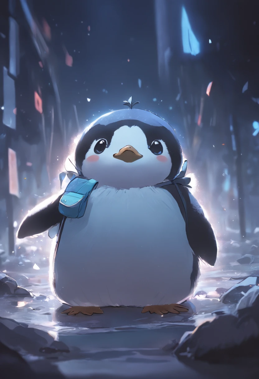photoRealstic、How to draw a cute picture ((Chonkey Penguin 🐧)) Go on an adventure, Cute look, A ((Small Bag Pack)) In the depths of the penguins, hard disk ,Soft contrast, ((Fluffy Penguins 🐧)), Adorable,Midori Ishida, Suit, holding gun