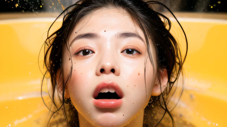 （（top Quority，8k，tmasterpiece：1.3）），woman（Lean  hot spring），perspired，Water droplets on the forehead of the face，exteriors，background urban cityscape，Overhead，Sharp focus：1.2，cute women：1.4，（（Layered Hair Style）），（white  shirt），Very detailed face and skin and hair texture，Knotted brunette hair，Wet textured hair，Moist body，Detailed eyes， 二重まぶた，White skin of the，Beautiful legs， beautiful delicate nose，cute young woman， old，dynamic angle，Deleite para la vista，Compositional suggestiveness，while emphasizing the subject's hair，The eye，Mouth and movements，At the same time, it exudes a melancholic mood characterized by calming tones and a mixture of contrasts of light and shadow。