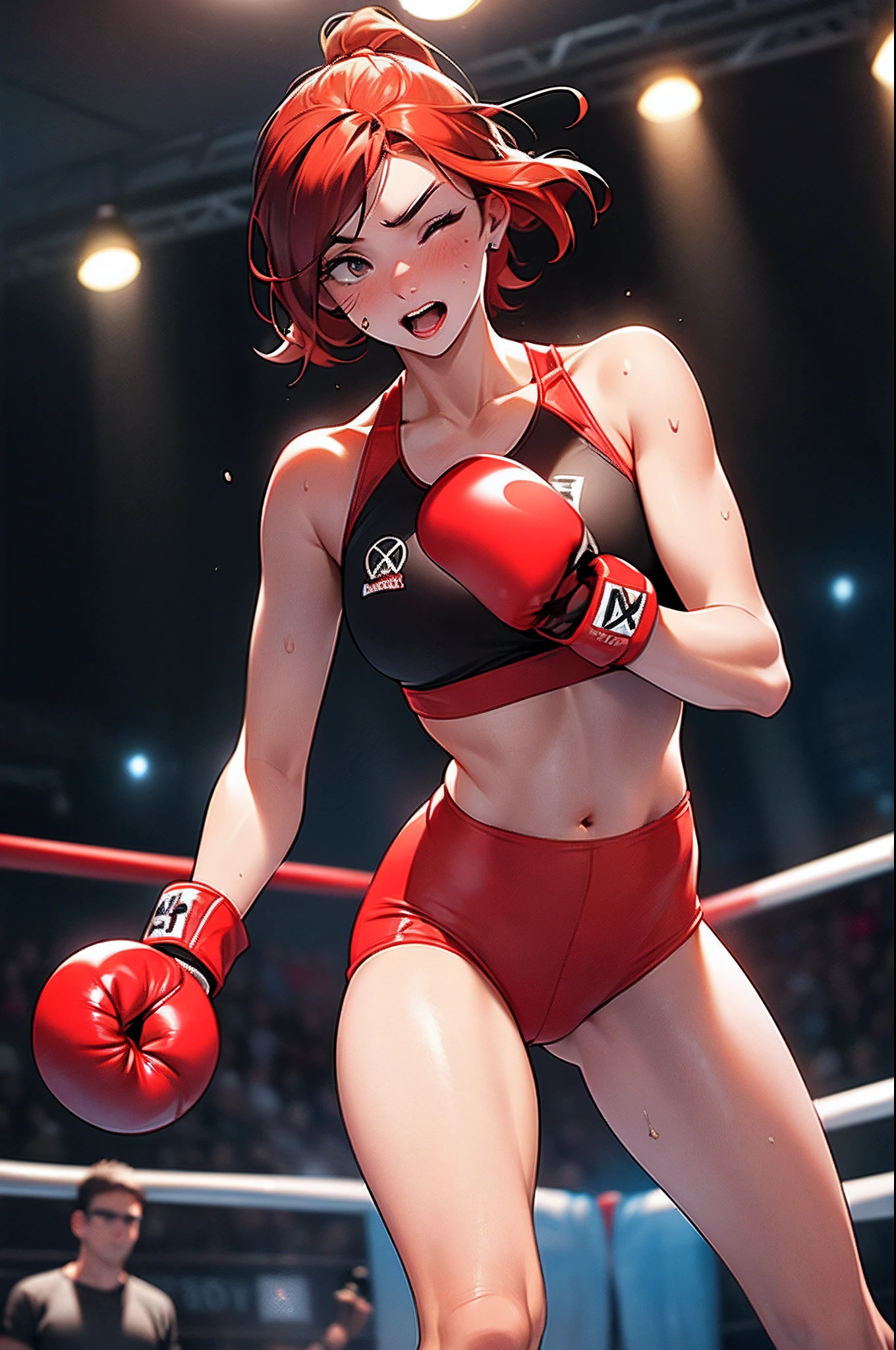 ((Mavis)), Sexy lips, red thong, red and black stripped legging, black collar,    nude  , ((Boxing gloves)), Big ,Sweat all over the body, bouncing breast, small boobs, petite body,（Ecstatic look）,steam, angry eyes, accurate anatomy, NSFW,Female face, pornographic,