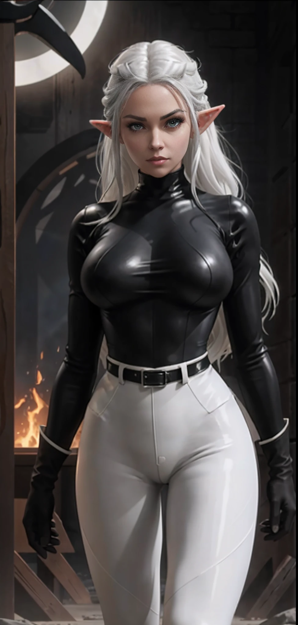 full body portrait of beautiful 1girl, solo, elf ((milf)), (very long) silver hair, tied in a knot, ((black tight long sleeve shirt)), (black knee-high riding leather boots), ((white leggings:1.2)), Anime style photo, Manga style, Digital art, glow effects, Hand drawn, render, 8k, octane render, cinema 4d, blender, dark, atmospheric 4k ultra detailed, cinematic sensual, Sharp focus, hyperrealistic, big depth of field, Masterpiece, colors, 3d octane render, 4k, concept art, trending on artstation, hyperrealistic, Vivid color, huge breasts, torture dungeon( black tight gloves:1.6), (looking at viewer), (seductive:0.8),(smile:0.3)(evil:0.5), (from below:0.7),confident, belt,solo