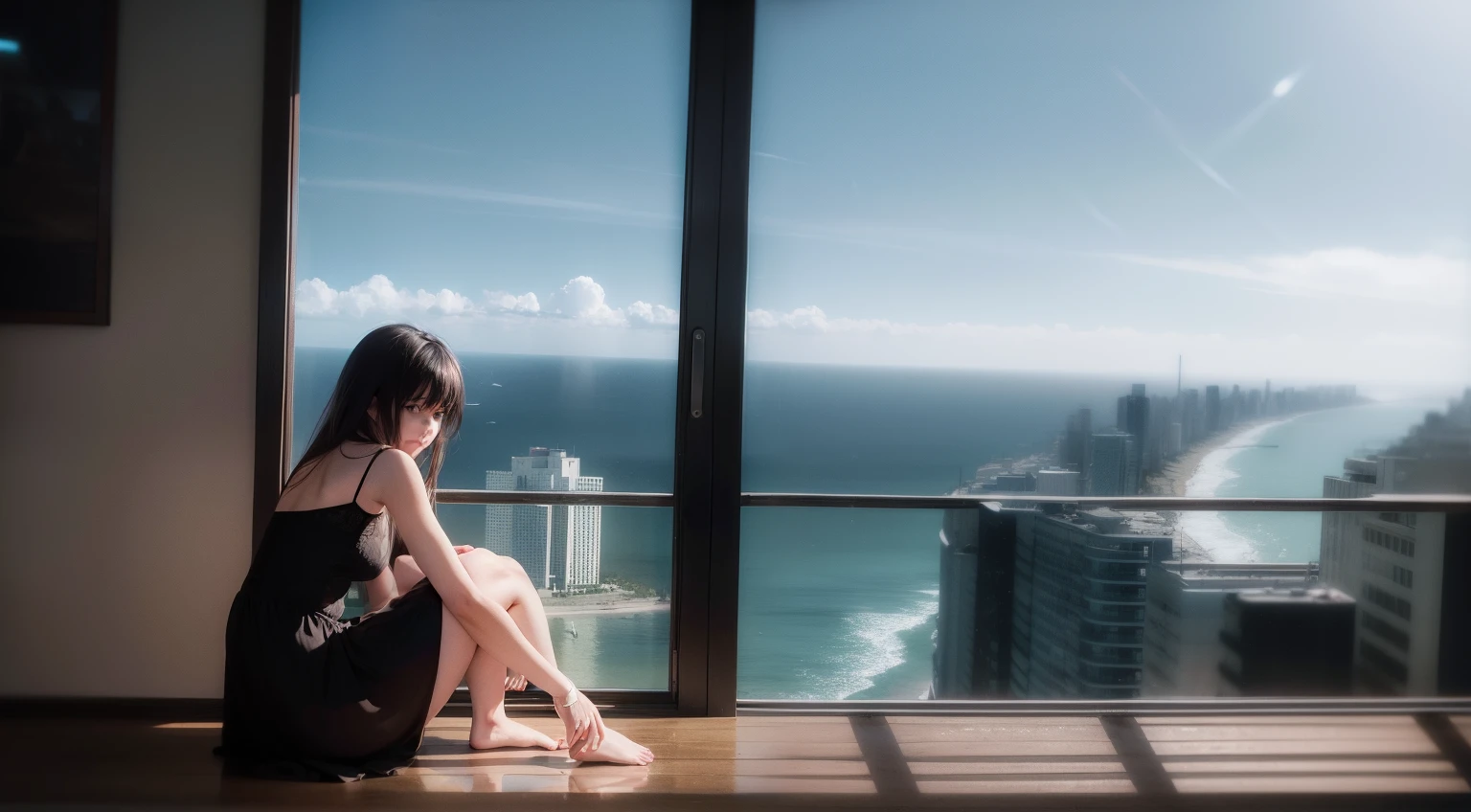 Submersion In the water Multi-tenant building Seawater corroded concrete forest Collapsed skyscrapers Dilapidated atmosphere rubble View from the rooftop The back of a girl in a school swimsuit lake