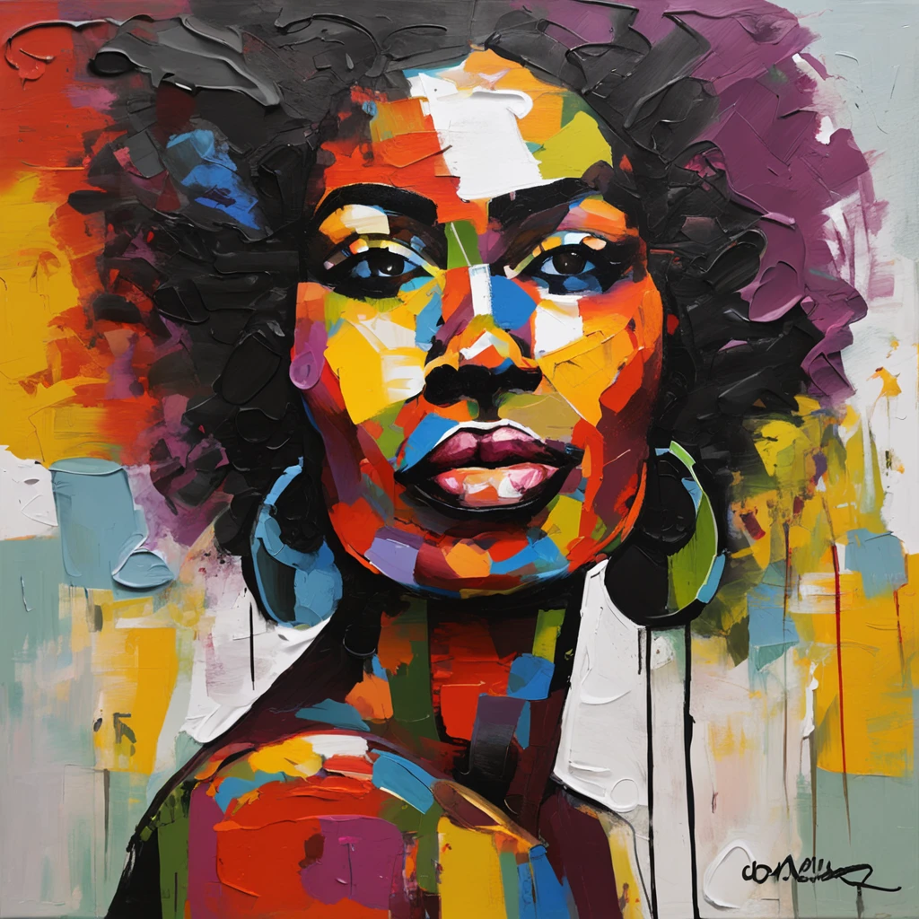 Pintura facial de uma mulher negra, AfrO-BRAZILIAN ethnic race, com um fundo colorido, face abstrata, retrato abstrato, rosto estilizado, Pintura Pop Art, Rosto detalhado altamente expressivo, face feminina expressiva, inspirado em Picasso, uma pintura pop art, pintura bonita expressiva, rosto detalhado de uma mulher de UMA CASTA AFROBRASILEIRA, Detailed expression, estilo picasso, estilo cubismo