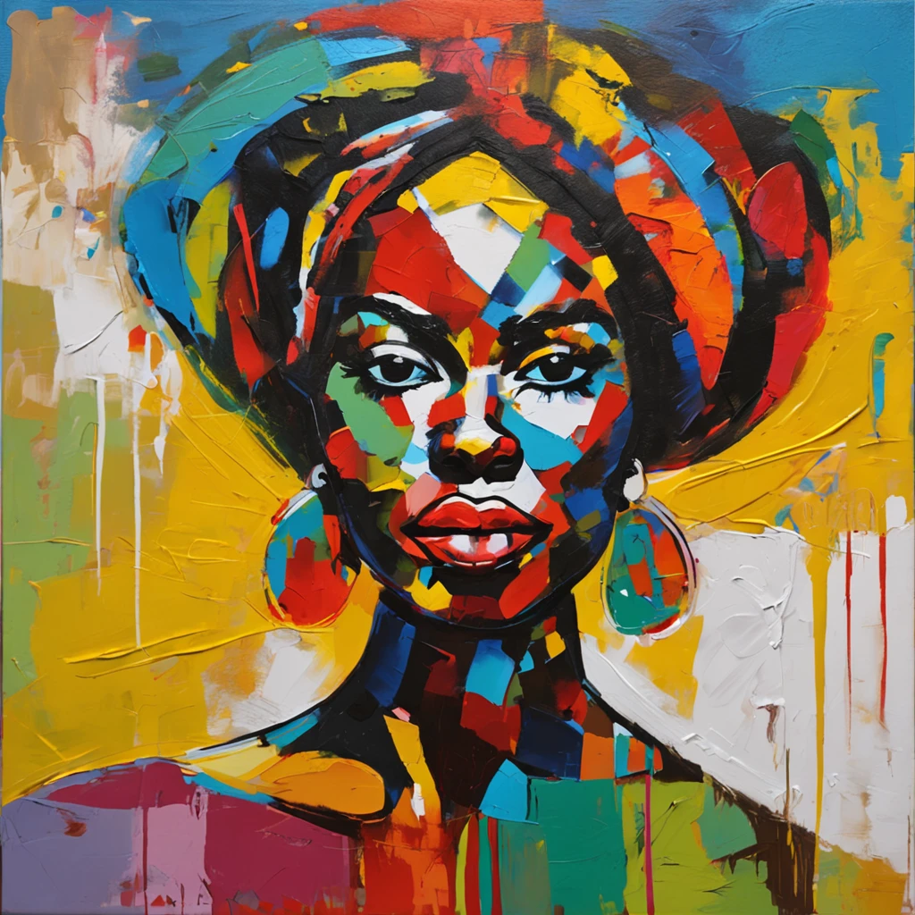 Pintura facial de uma mulher negra, AfrO-BRAZILIAN ethnic race, com um fundo colorido, face abstrata, retrato abstrato, rosto estilizado, Pintura Pop Art, Rosto detalhado altamente expressivo, face feminina expressiva, inspirado em Picasso, uma pintura pop art, pintura bonita expressiva, rosto detalhado de uma mulher de UMA CASTA AFROBRASILEIRA, Detailed expression, estilo picasso, estilo cubismo