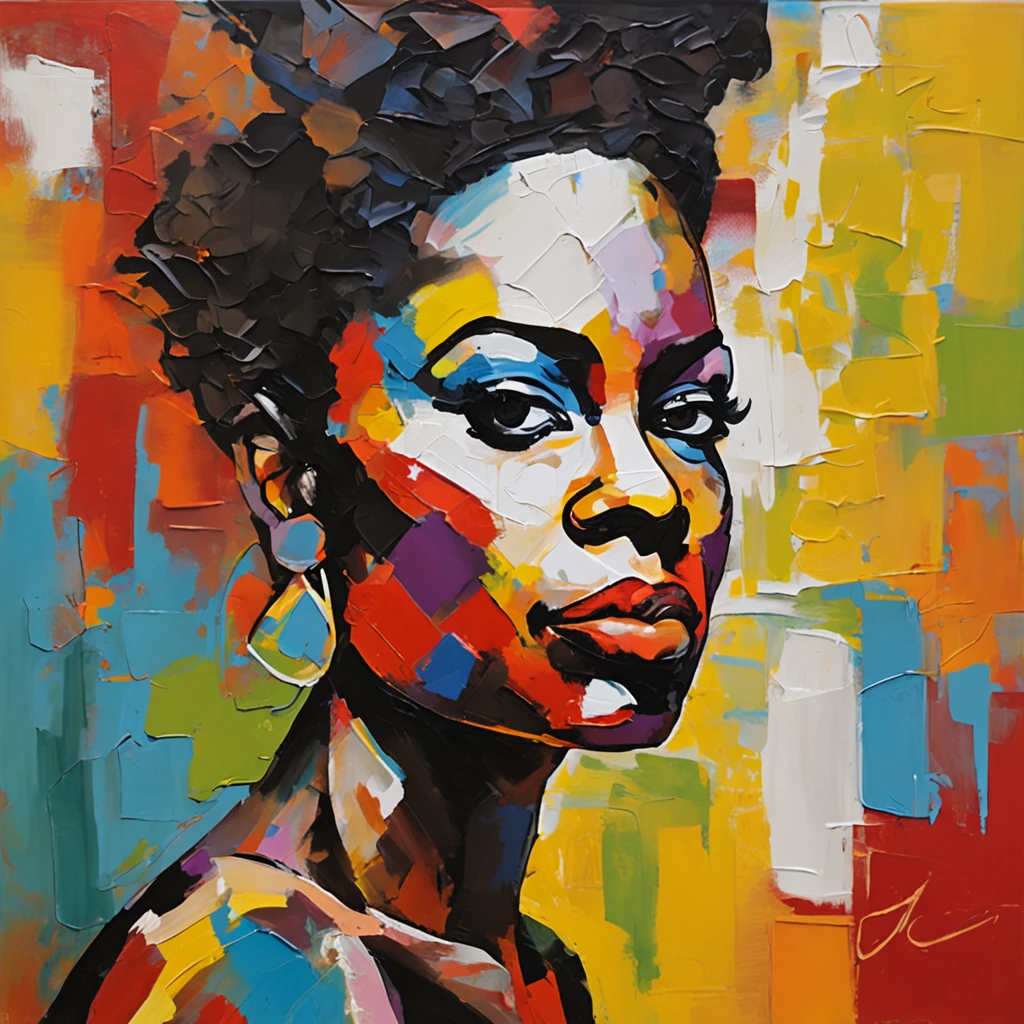 Pintura facial de uma mulher negra, AfrO-BRAZILIAN ethnic race, com um fundo colorido, face abstrata, retrato abstrato, rosto estilizado, Pintura Pop Art, Rosto detalhado altamente expressivo, face feminina expressiva, inspirado em Picasso, uma pintura pop art, pintura bonita expressiva, rosto detalhado de uma mulher de UMA CASTA AFROBRASILEIRA, Detailed expression, estilo picasso, estilo cubismo