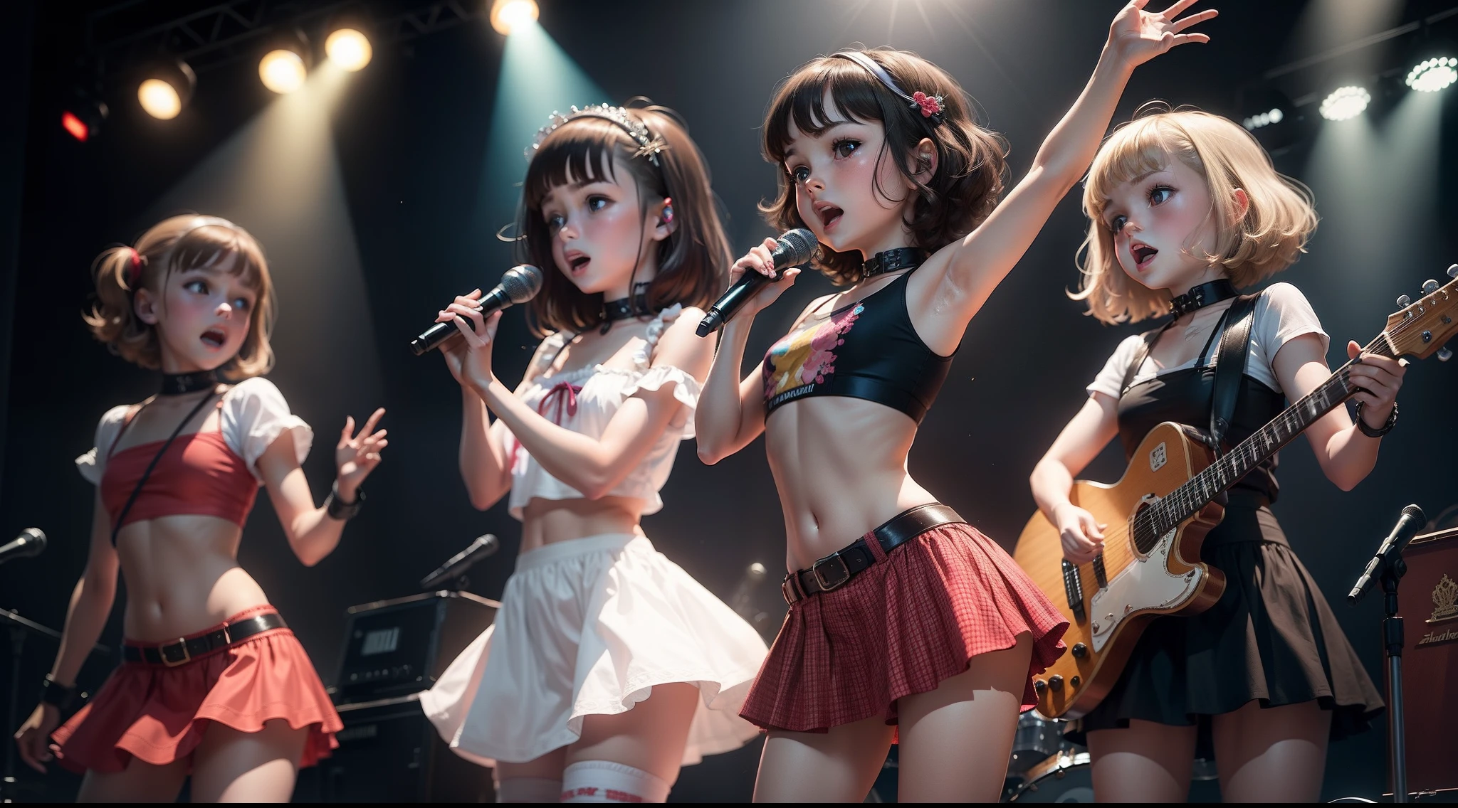 3 Russian  girls, with short brunette hair, cute tops, short skirts, singing into a microphone