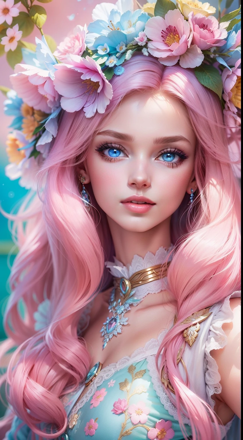 "Vibrant and captivating Barbie portrait with impeccable detail, Capture her elegance and charm in high-resolution CG artwork. Radiant hair,Flawless, The doll features stylish clothing, stunning blue eyes, Perfect style. Soft lighting accentuates her beauty, And a flash adds a touch of magic. Set against a fantastic background,Full of pastel colors and delicate flowers, The composition creates a whimsical and captivating atmosphere.+"