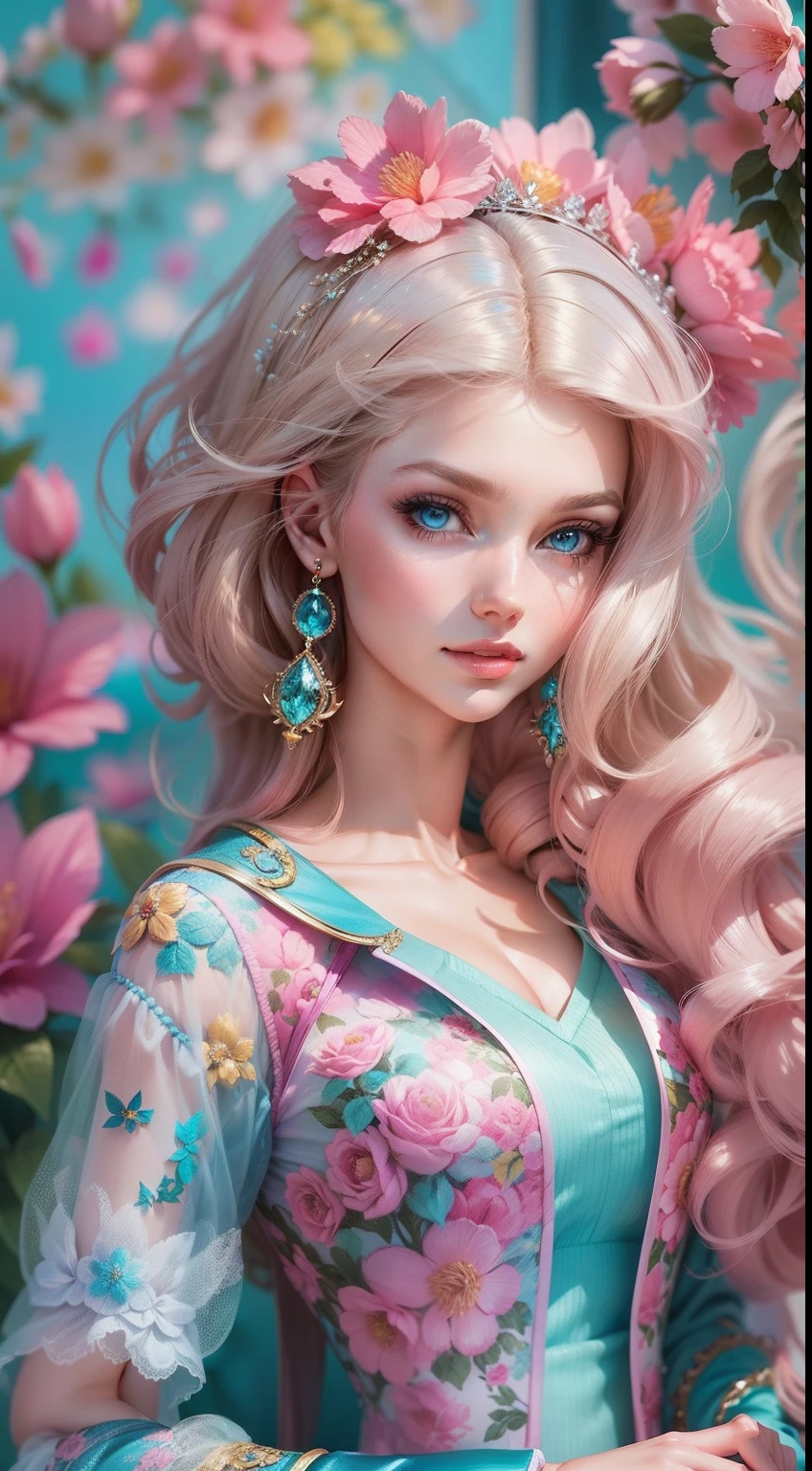 "Vibrant and captivating Barbie portrait with impeccable detail, Capture her elegance and charm in high-resolution CG artwork. Radiant hair,Flawless, The doll features stylish clothing, stunning blue eyes, Perfect style. Soft lighting accentuates her beauty, And a flash adds a touch of magic. Set against a fantastic background,Full of pastel colors and delicate flowers, The composition creates a whimsical and captivating atmosphere.+"