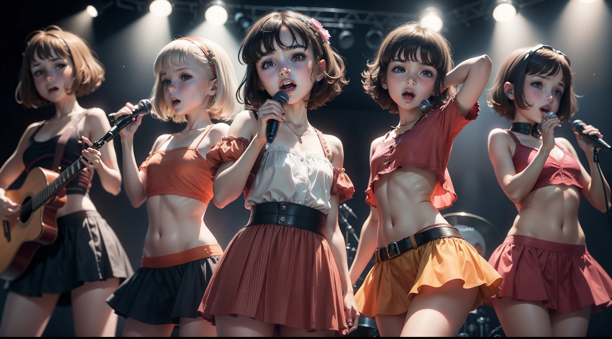 3 Russian girls, with short brunette hair, cute tops, short skirts, singing into a microphone