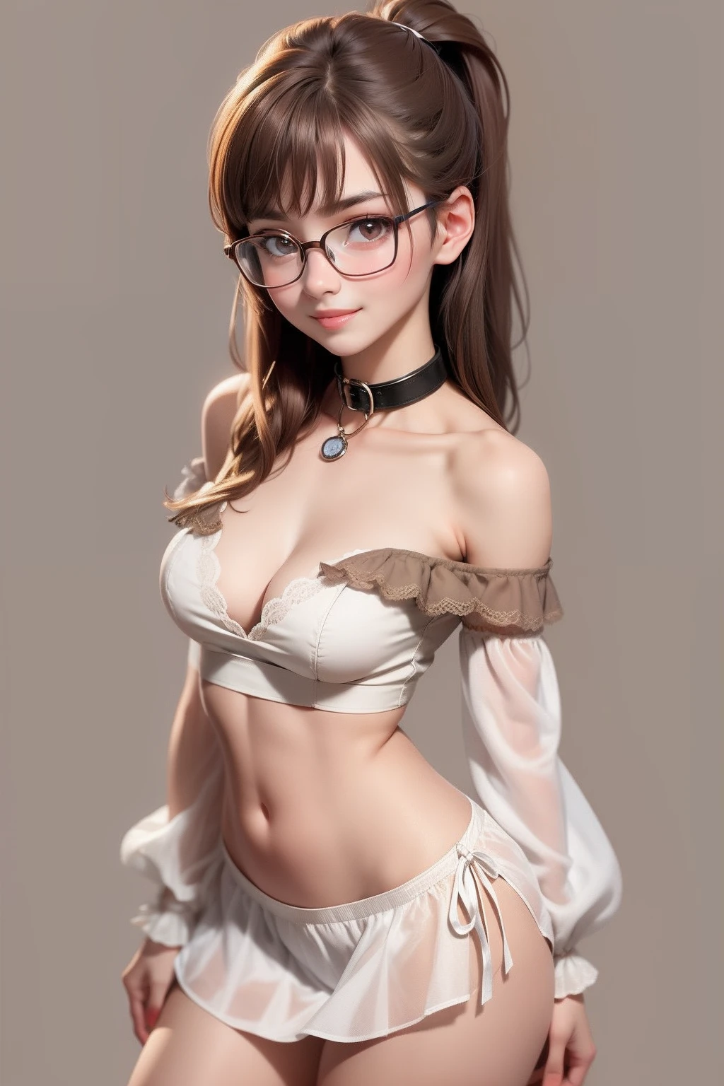 1 cute girl (18yo) glasses, upper body, slim waist, small breast, sexy pose, naugthy face, bangs, random hairstyle, cleavage, navel, collar, collarbone, off shoulder, seductive smile, wear intricately detail hot and sexy waitress costume (brown and white color,1.1). flat gray color for background