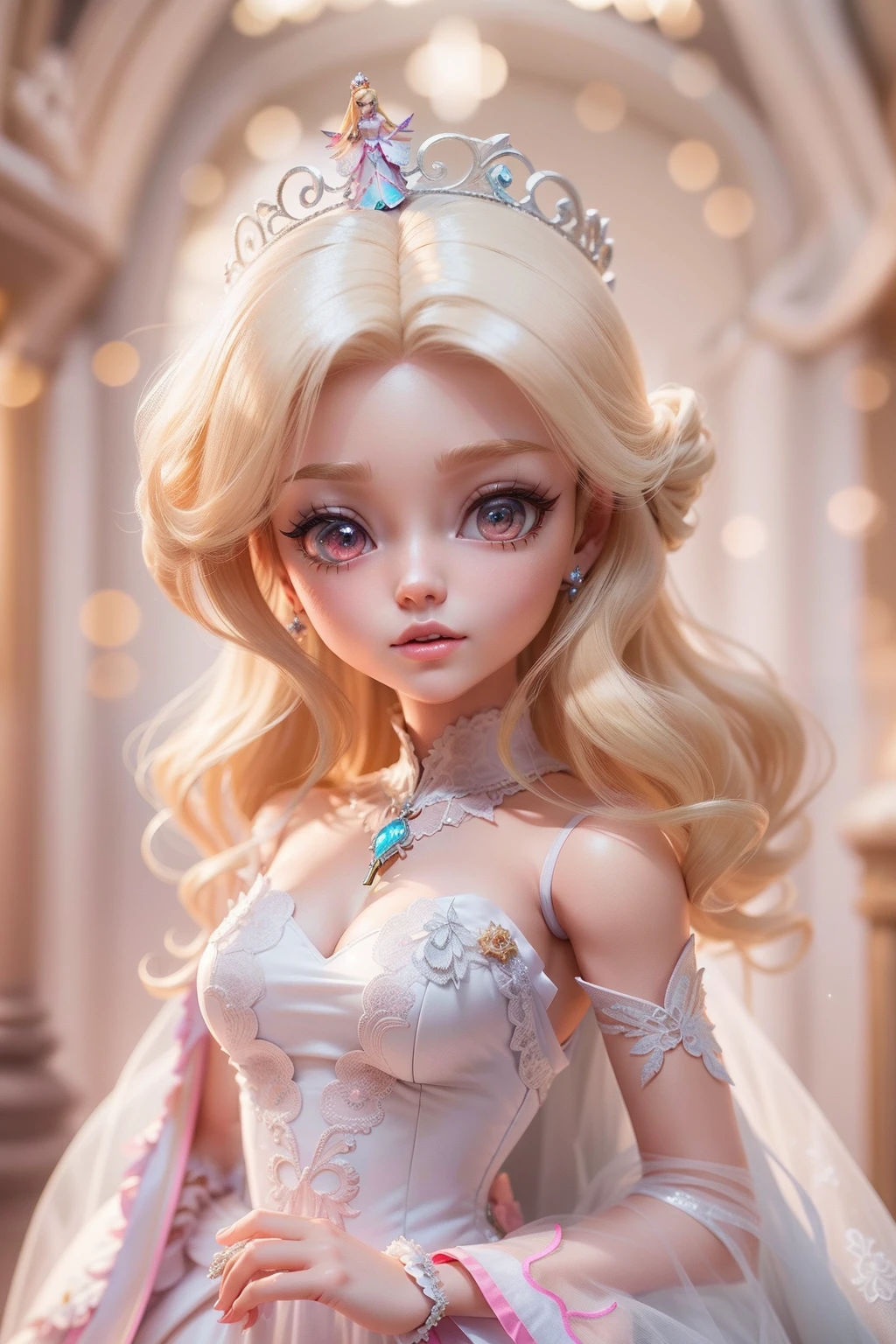 There is a doll in a prom dress, anime barbie in white, Anime princess, princess portrait, blond-haired princess, anime barbie doll, Kushatt Krenz Key Art Women, 3 d render stylized, 3 D rendering character art 8 K, Cute detailed digital art, portrait of fairy princess, uma linda princesa, anime styled 3d