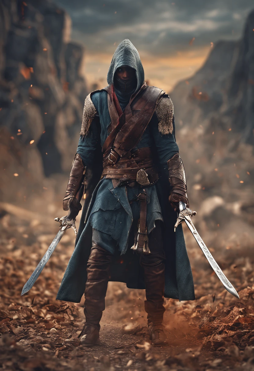 Realistic, 4k, Anjos com asas grandes, roupas pretas, uma espada, Head hood on war background image (caos)