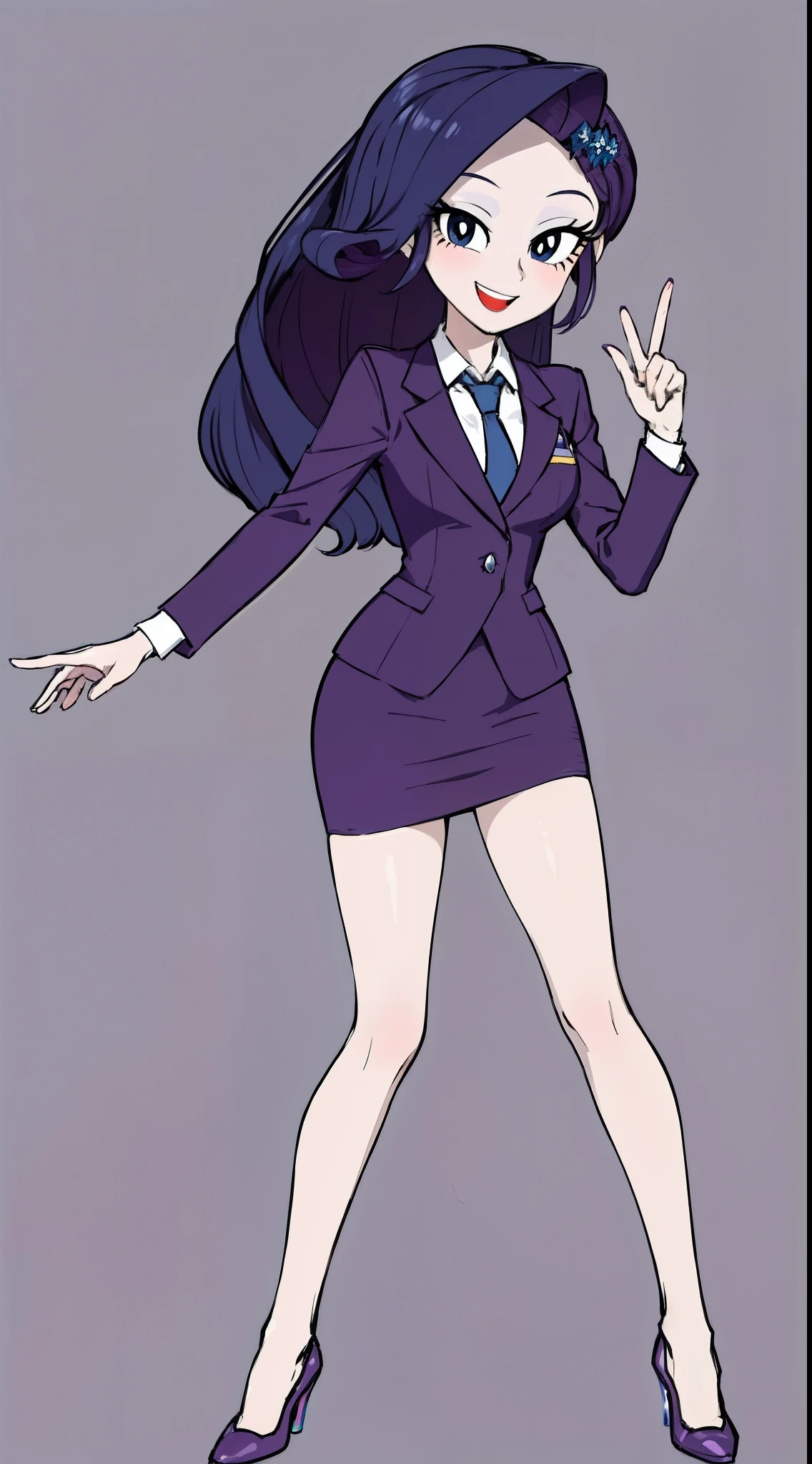 masterpiece,best quality,1girl,solo,mlprarity,colored skin,hair ornament,purple hair,blue military suit, blazer, pencil skirt, bare legs, high heels, full body, smile, office background