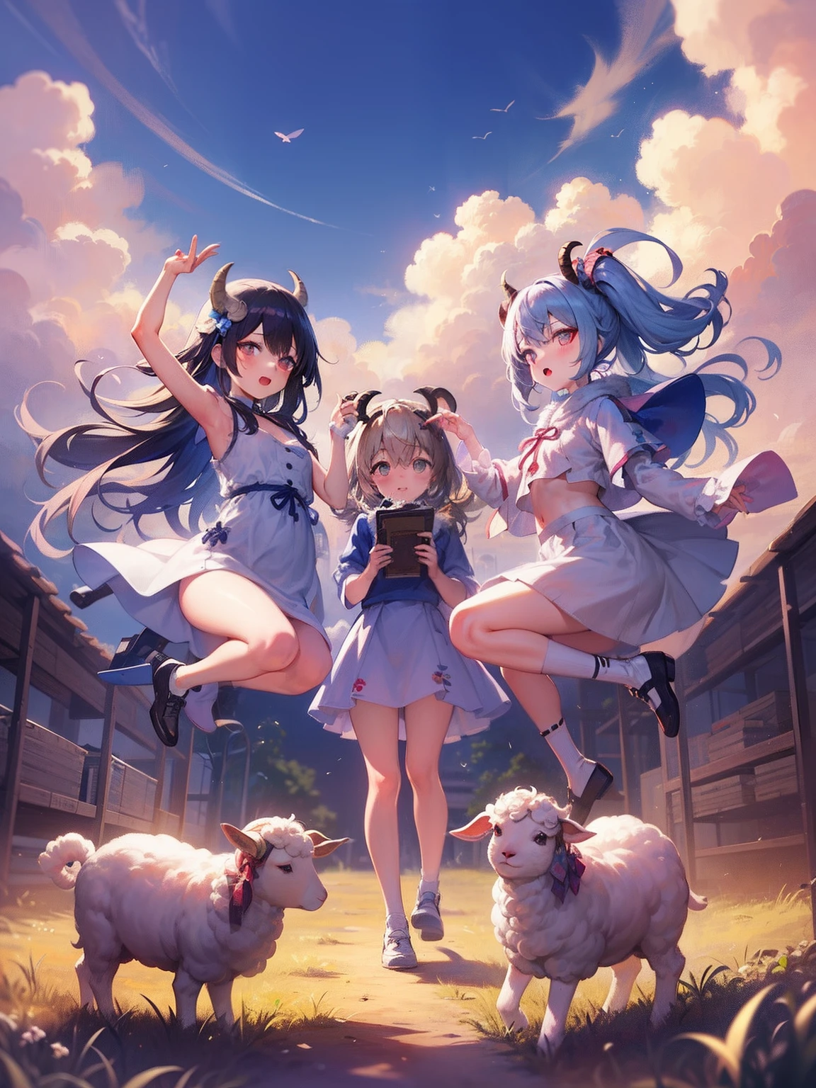 there are three sheeps that are jumping in the air, 中 元 节, soft and warm, [ [ soft ] ], soft coloring, art cover, lamb and goat fused as one, 🪔 🎨;🌞🌄, lofi, soft color, 千 葉 雄 大, soft and fluffy, soft clouds