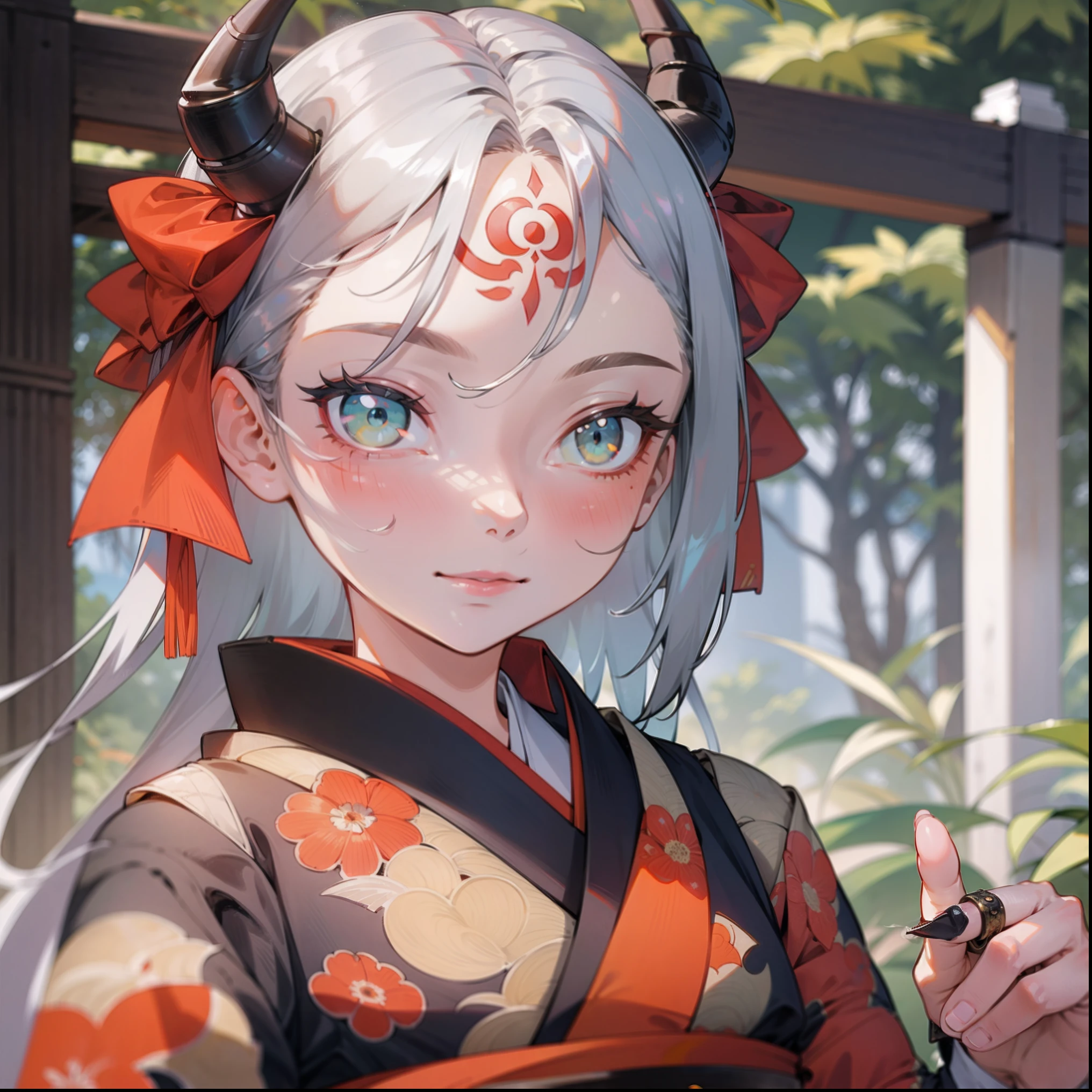 best quality, highly detailed beautiful face and eye, (1girl, solo), (loli, 12years old), kimono, (silver straight hair, hair ribbon), (shiny demon horns:1.1), light green eyes, red lip, floral tattoo on face, earnest expression, metal claw, Japanese ancient capital, forest, face focus