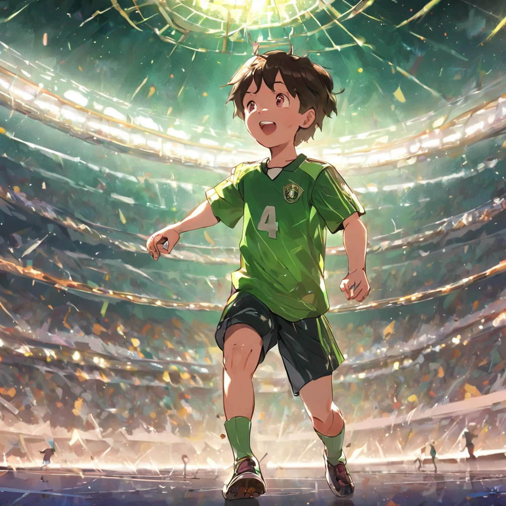 Make 4 different images (fundo com um estadio de futebol), (a very happy child being a football player) (um homem muito feliz sendo treinador de futebol) (The fans in the stadium) (The team they play for is green) (alguma imagem com o menino jogando futebol)