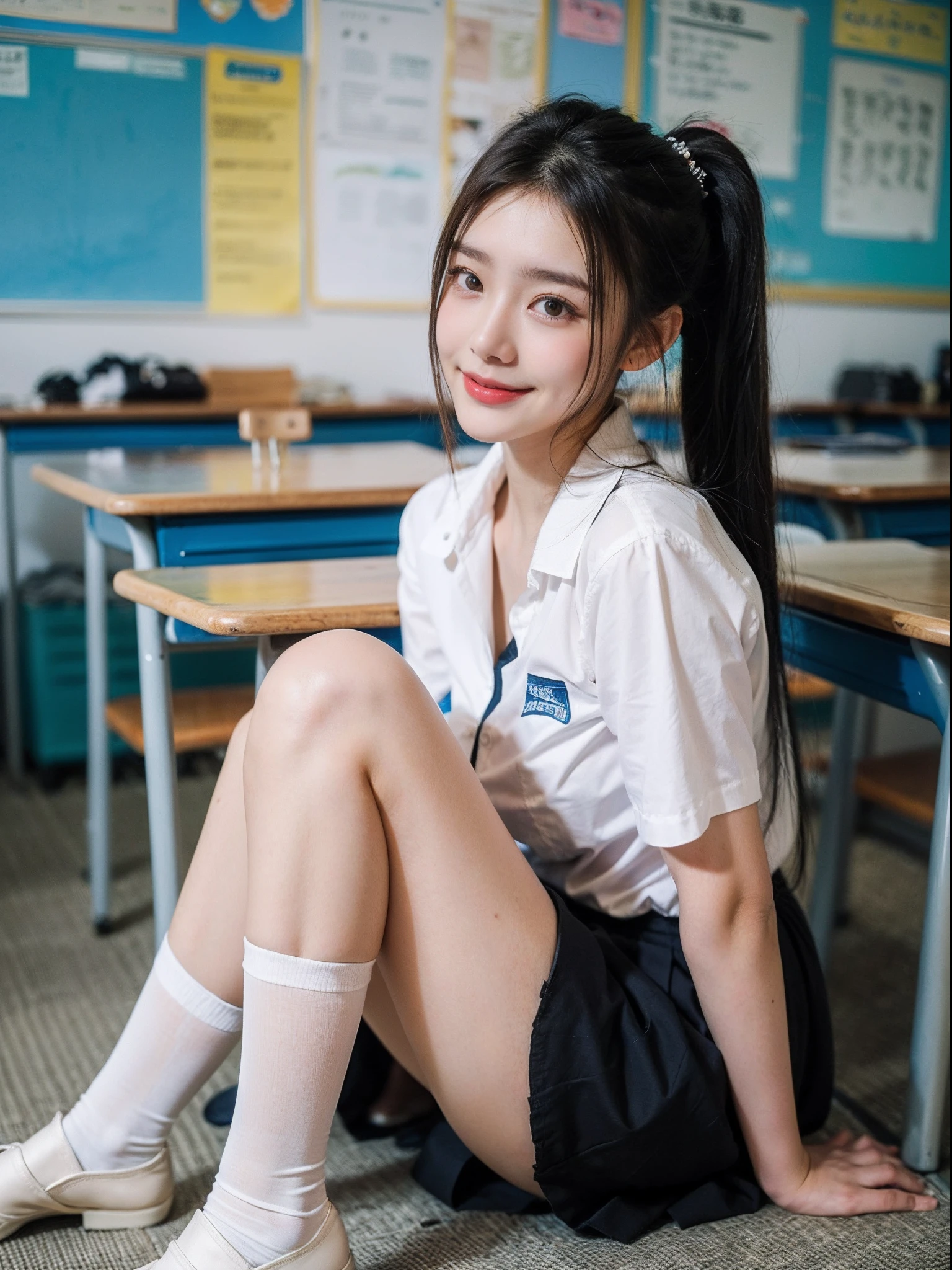 (tmasterpiece, Top image quality, A high resolution、独奏、small tits,Japanese high school uniform、High school students,High-Ponytail hairstyle、no-bra、full body Esbian、Girl sitting on the ground,student uniform,student clothes,white stockings,White tall stockings,a black pleated skirt,White color blouse,A smile、A slight smil、Tekatka skin、glowy skin))、Sweaty face、latina, puberty, full of sweat、red lipsticks、Classroom,独奏、
