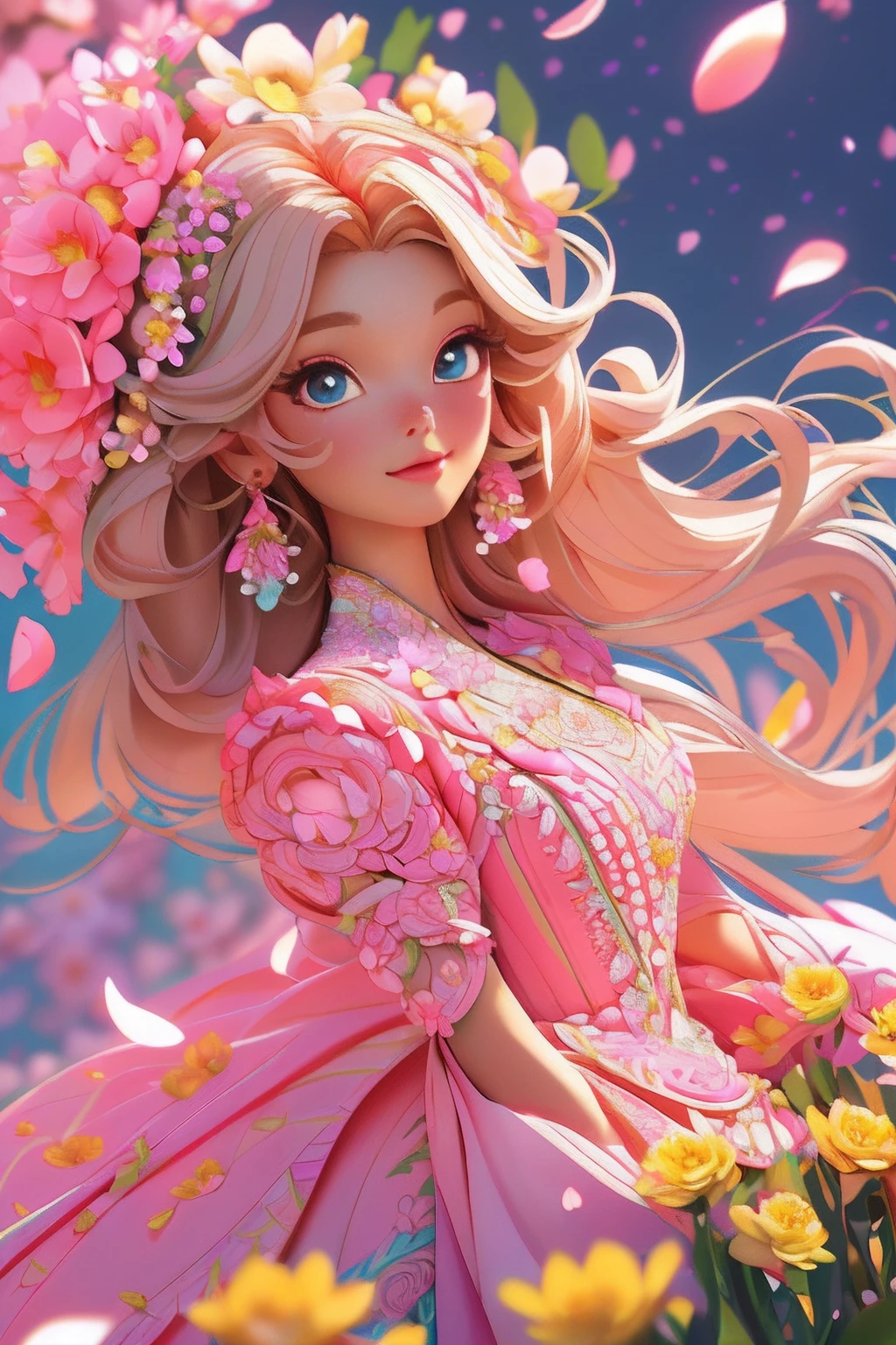 Barbie princess in cute pink light dress, hires, Extremely detailed, Detailed background, Diffuse natural lighting, (flower field, Flower petals, Surrounded by flowers:1.4), (zentangle, Fractal art:1.3), (many color, Colorful:1.1), Face focus), Seductive, wind blown, Earrings, Wear delicate exotic clothes, ((Full body shot)), Delicate face, White skin, Delicate facial features, Perfect facial features, Delicate hair portrayal, Delicate eye depiction, 8K picture quality, a sense of atmosphere, The highest quality, masterwork, Extreme detail, high resolution, blurryforeground, foreshortening, Luminism, Cinematic lighting, Wide shot, Masterpiece, retinas, Textured skin, Anatomically correct, Best quality, Award-Awarded