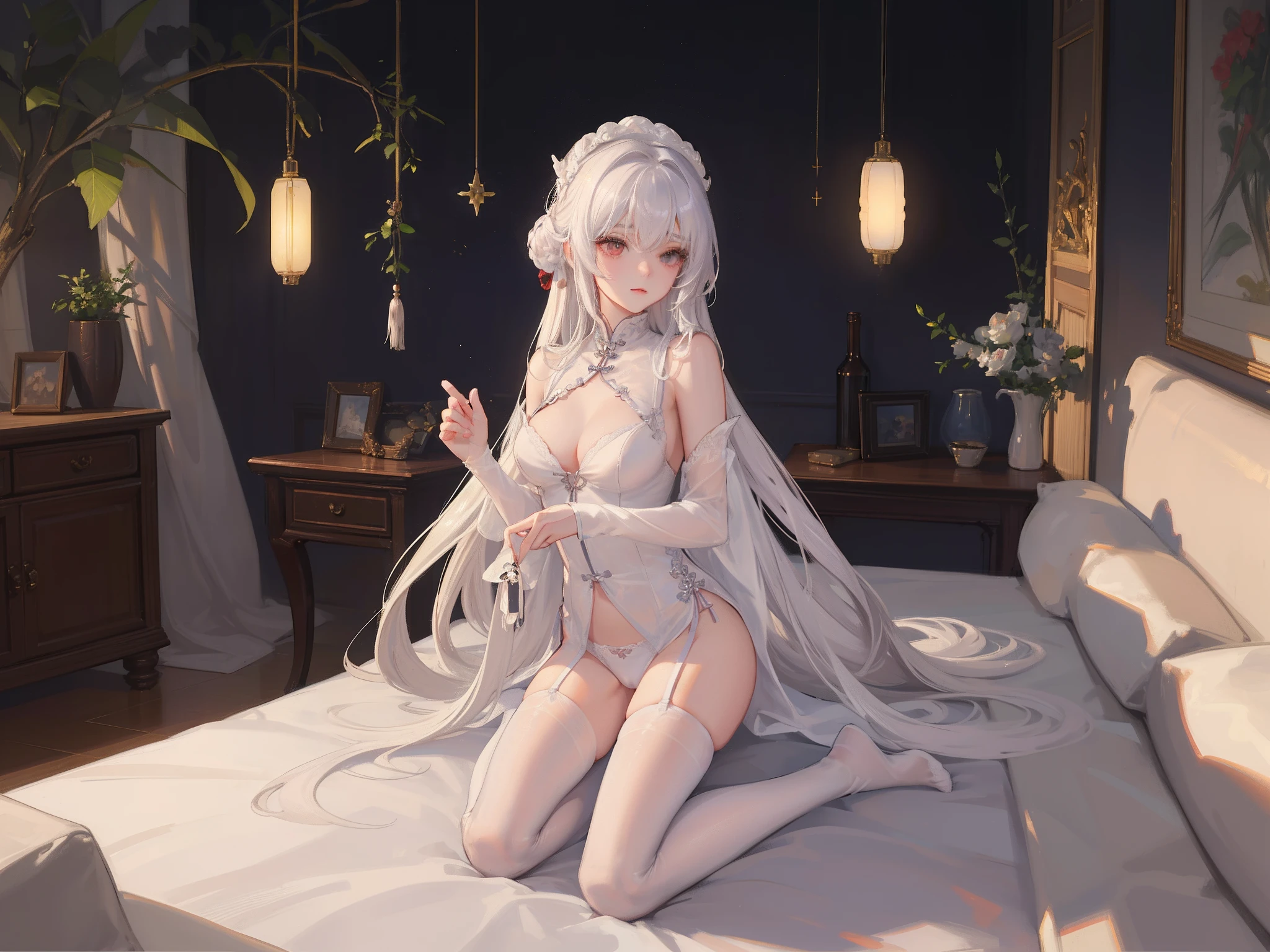((top-quality、8K、Manhwa Style:1.4、tmasterpiece,nedium breasts,onbed,Pubic hair shows through,full bodyesbian,Red-faced,is shy,white stockings,long whitr hair,long leges,Lighting、Beautiful Chinese woman、18yr old、with short white hair、Ultra-delicate skin、Beautiful production,Soft lighting