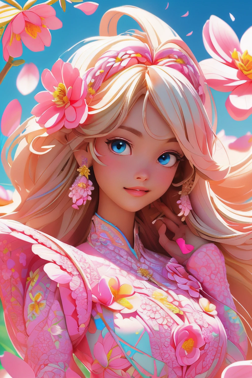 Barbie princess in cute pink light dress, hires, Extremely detailed, Detailed background, Diffuse natural lighting, (flower field, Flower petals, Surrounded by flowers:1.4), (zentangle, Fractal art:1.3), (many color, Colorful:1.1), Face focus), Seductive, wind blown, Earrings, Wear delicate exotic clothes, ((Full body shot)), Delicate face, White skin, Delicate facial features, Perfect facial features, Delicate hair portrayal, Delicate eye depiction, 8K picture quality, a sense of atmosphere, The highest quality, masterwork, Extreme detail, high resolution, blurryforeground, foreshortening, Luminism, Cinematic lighting, Wide shot, Masterpiece, retinas, Textured skin, Anatomically correct, Best quality, Award-Awarded