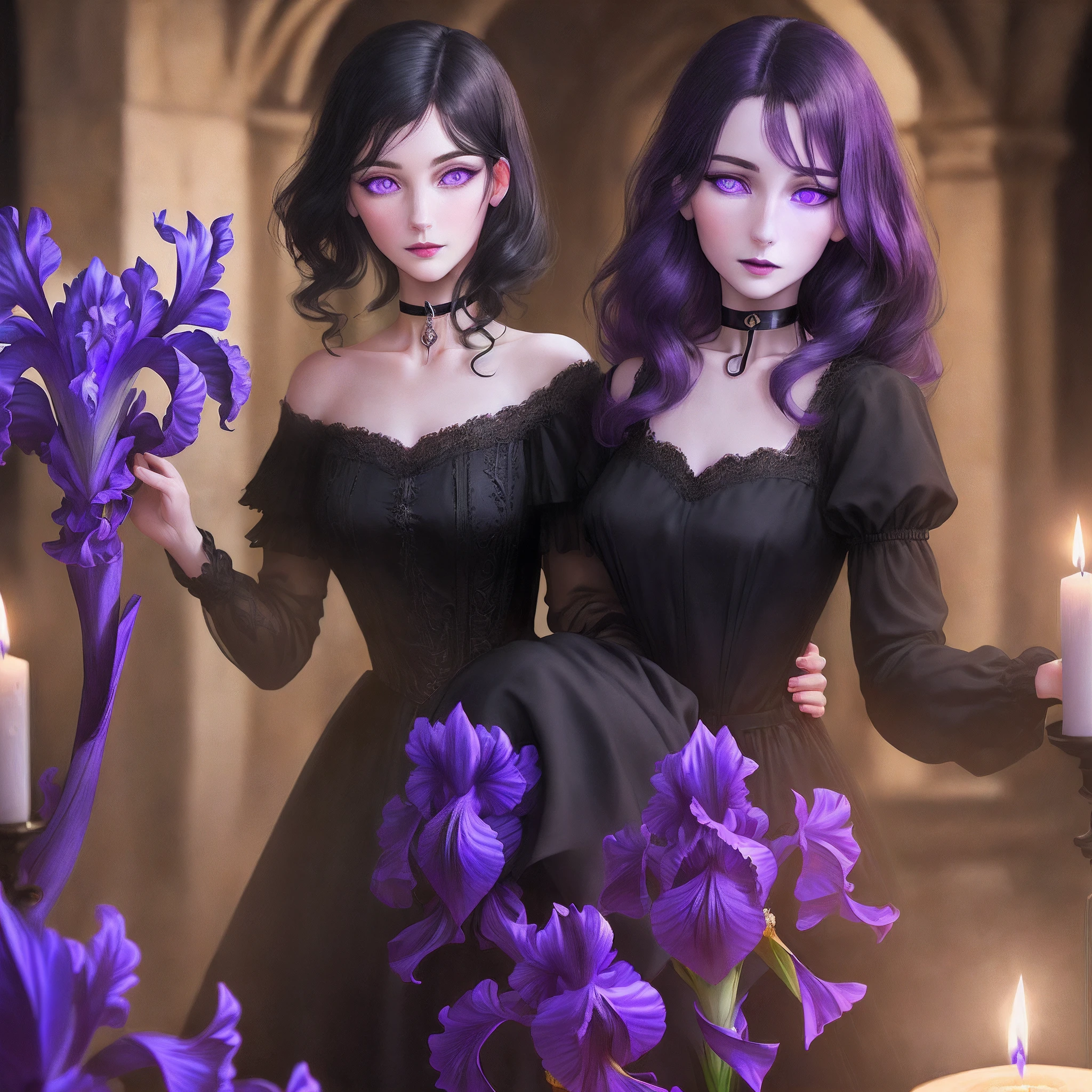 (((surreal bright purple iris))) (purple iris) caucasian woman around 30 years old, very feminine and attractive, pale skin with completely black wavy hair, candlelight in a medieval setting. (((She MUST wear completely black dress and a choker))) ultra sharp focus, realistic shot, (((purple eyes:1.4))) (((black hair:1.2)))