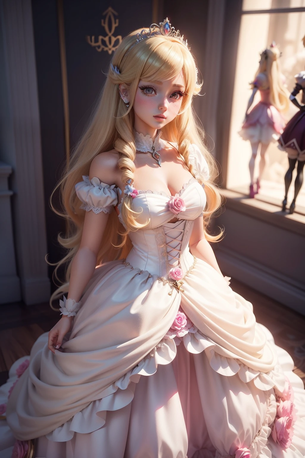 There is a doll in a prom dress, anime barbie in white, Anime princess, princess portrait, blond-haired princess, anime barbie doll, Kushatt Krenz Key Art Women, 3 d render stylized, 3 D rendering character art 8 K, Cute detailed digital art, portrait of fairy princess, uma linda princesa, anime styled 3d