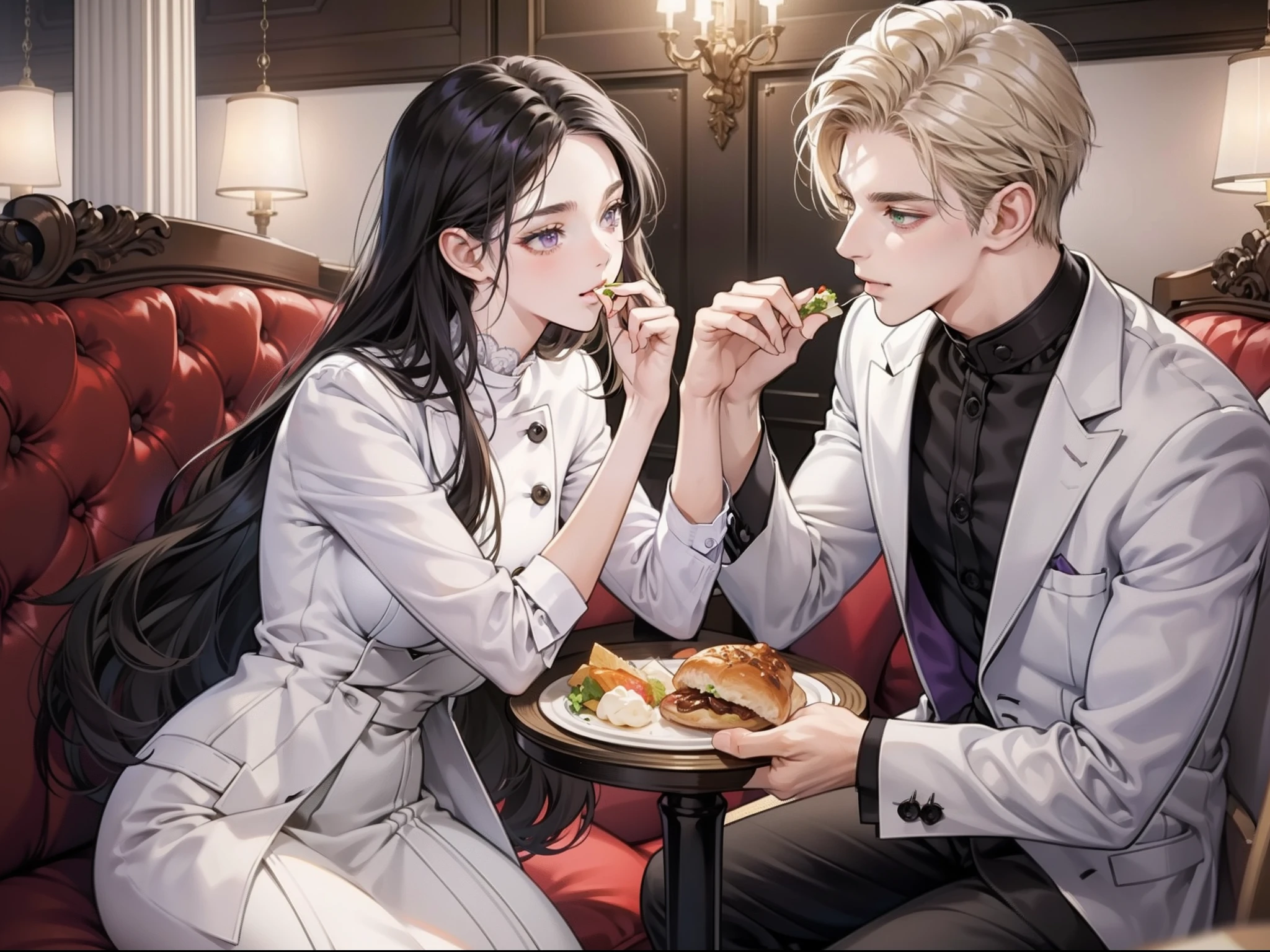 Happy couple, 1 girl 1 boy, different hair color, long black hair and purple eyes, short blonde hair and green eyes, face to face, romantic, hands in hands, white suit, blue dress. restaurant, sitting down, foods