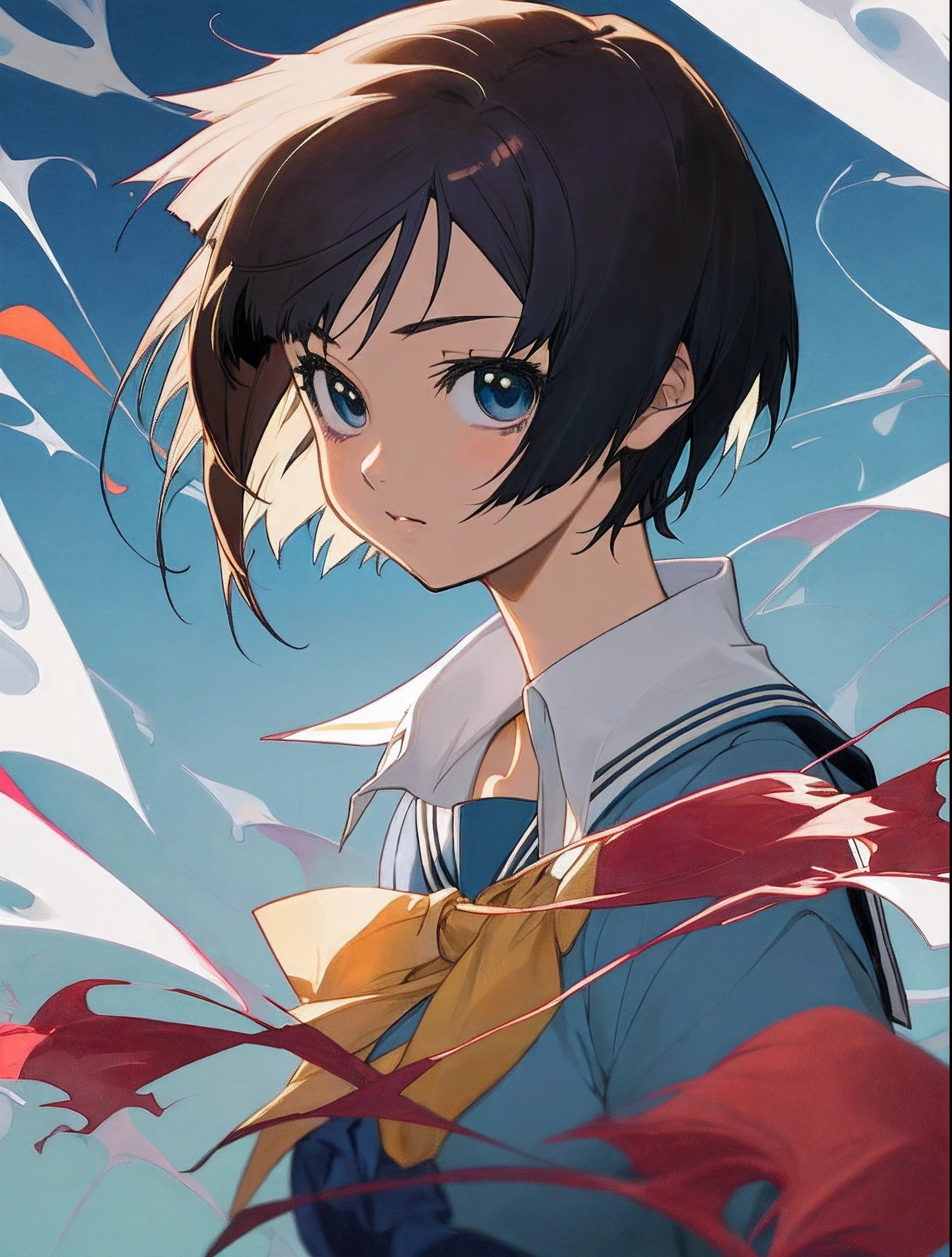 Anime girl + short hair + school uniform+  Art club member