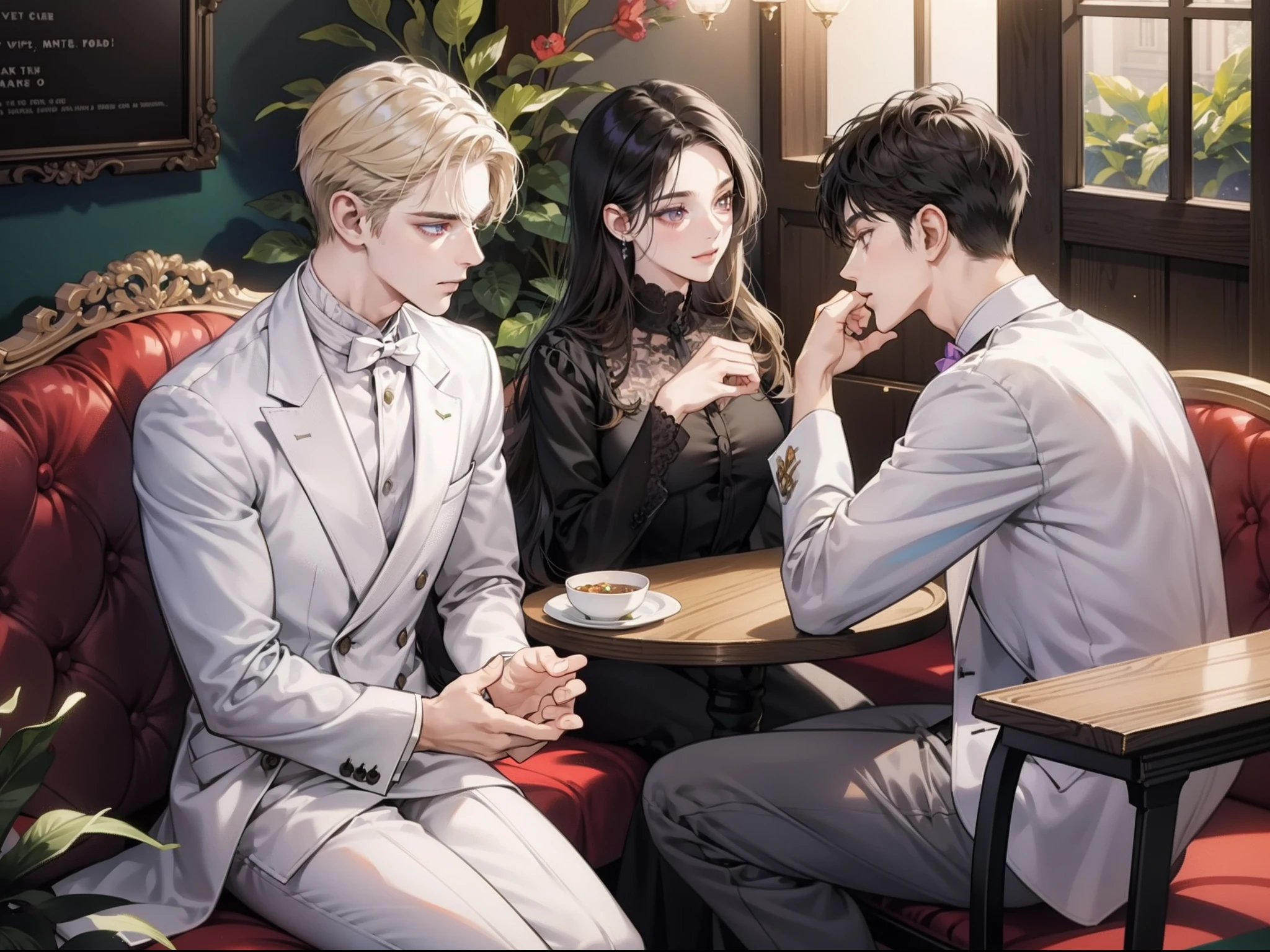 Happy couple, 1 girl 1 boy, different hair color, long black hair and purple eyes, short blonde hair and green eyes, face to face, romantic, hands in hands, white suit, restaurant, sitting down, foods, mouth opens, talking