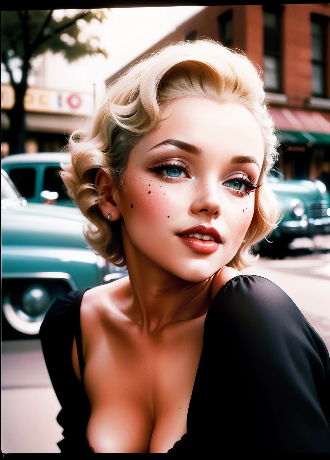 POV, vintage photo of Marilyn Monroe posing for a photo shoot on a New York street, very diffuse light, skin moles, sensual, appearing part of breasts, wearing a sensual satin lime color dress from 1950, breasts shows, retro scenery in the background, 1950s cars, SEPIA, 1950s (highly detailed skin: 1.2), 16k, uhd, dslr, soft lighting, high quality, grain film, FujifilmXT3
