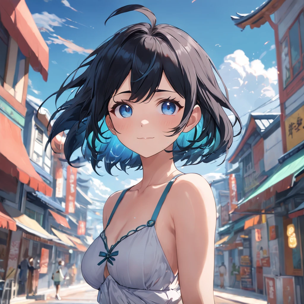 eula,genshin impact, retro artstyle, animated, lineart, breasts, view straight on, focus on eyes, head_tilt, beautiful detailed fullbody, petite, girl,woman,female, young,20 years old, short hair, wavy hair, blunt bangs, eyes visible through hair, black hair, hair fluttering in the wind, Beautiful face, smile, bright eyes, sky, outdoors, gradient_background, chromatic_aberration, absurdres, extremely detailed CG unity wallpaper,