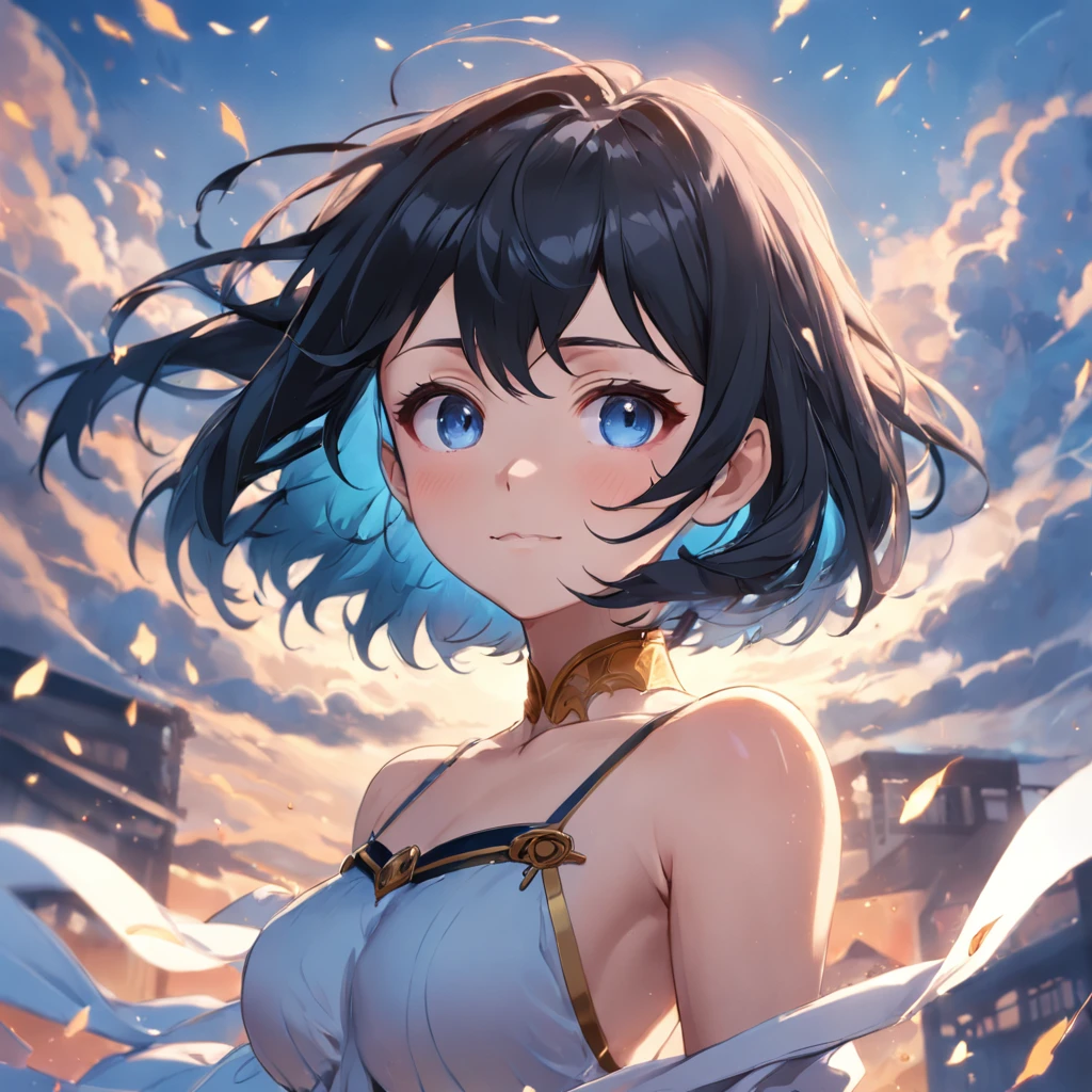 eula,genshin impact, retro artstyle, animated, lineart, breasts, view straight on, focus on eyes, head_tilt, beautiful detailed fullbody, petite, girl,woman,female, young,20 years old, short hair, wavy hair, blunt bangs, eyes visible through hair, black hair, hair fluttering in the wind, Beautiful face, smile, bright eyes, sky, outdoors, gradient_background, chromatic_aberration, absurdres, extremely detailed CG unity wallpaper,