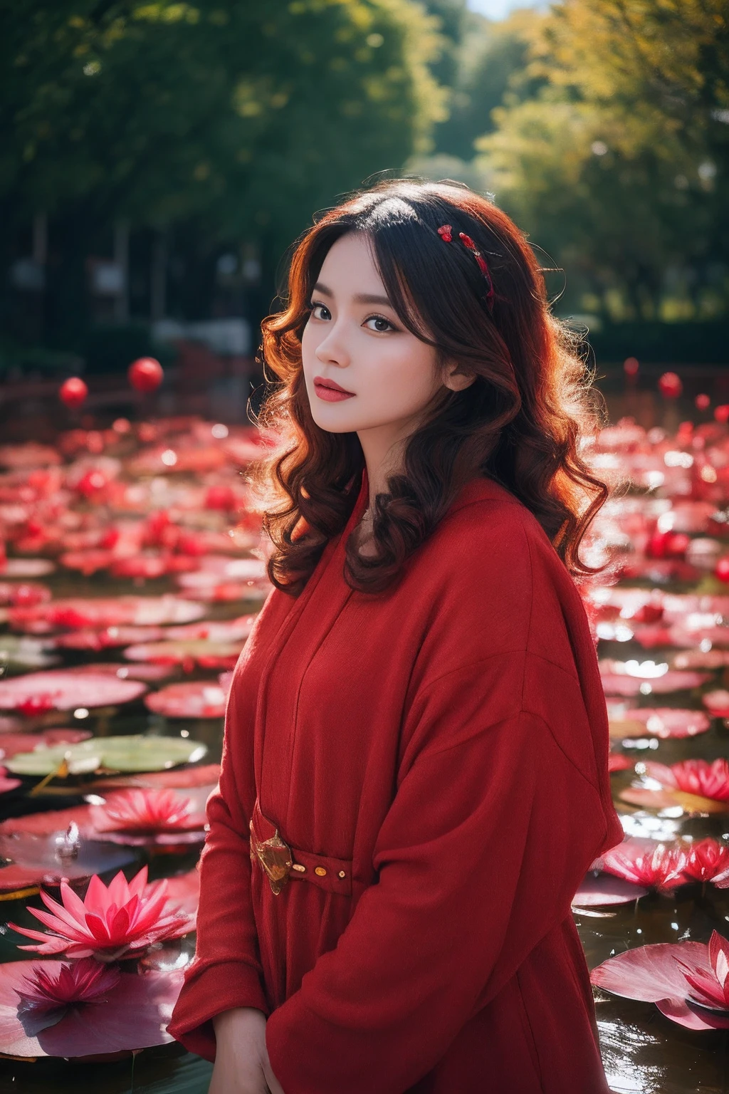 32K(tmasterpiece,k hd,hyper HD,32K)Large flowing curls,Flowing rouge,ponds,zydink, a color, Asian people (Silly girl), (Silk scarf), Combat posture, looking at the ground, Large rolls of rouge, Flowing rouge curls, Crocodile skin skull headdress, Green Chinese long-sleeved clothing, (abstract ink splash:1.2), Pink lotus background,Water lily flower protector(realisticlying:1.4),Rouge hair,Autumn is in full swing,The background is pure, A high resolution, the detail, RAW photogr, Sharp Re, Nikon D850 Film Stock Photo by Jefferies Lee 4 Kodak Portra 400 Camera F1.6 shots, Rich colors, ultra-realistic vivid textures, Dramatic lighting, Unreal Engine Art Station Trend, cinestir 800,Large curls,Flowing rouge