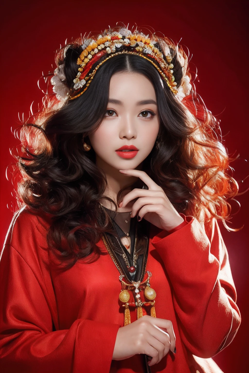 32K(tmasterpiece,k hd,hyper HD,32K)Flowy large curly hair,Flowing rouge,ponds,zydink, a color, Asian people (Silly girl), (Silk scarf), Combat posture, looking at the ground, Large rolls of rouge, Flowing rouge curls, Crocodile skin skull headdress, Chinese long-sleeved clothing, (abstract ink splash:1.2), Pink lotus background,Water lily flower protector(realisticlying:1.4),Rouge hair,Autumn is in full swing,The background is pure, A high resolution, the detail, RAW photogr, Sharp Re, Nikon D850 Film Stock Photo by Jefferies Lee 4 Kodak Portra 400 Camera F1.6 shots, Rich colors, ultra-realistic vivid textures, Dramatic lighting, Unreal Engine Art Station Trend, cinestir 800,Large curls,Flowing rouge