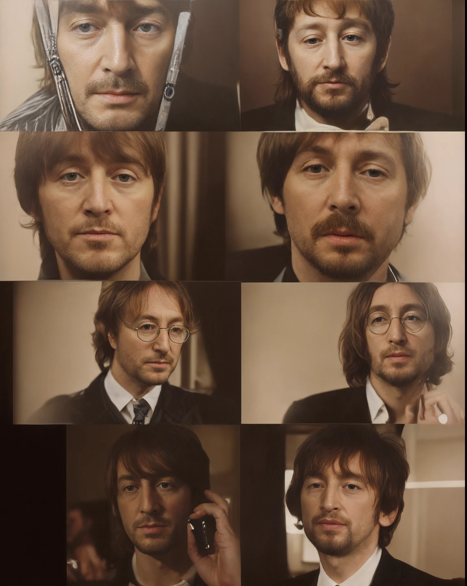 a bunch of pictures of a man with a cell phone in his hand, the beatles, beatle, strawberry fields forever, john lennon, old john lennon, famous actors, cinematic masterpiece, each faces precisely define, fan art, biopic, many variations of thom yorke, legendery, closeup faces, one famous person, the best ever, in teh style of tony start