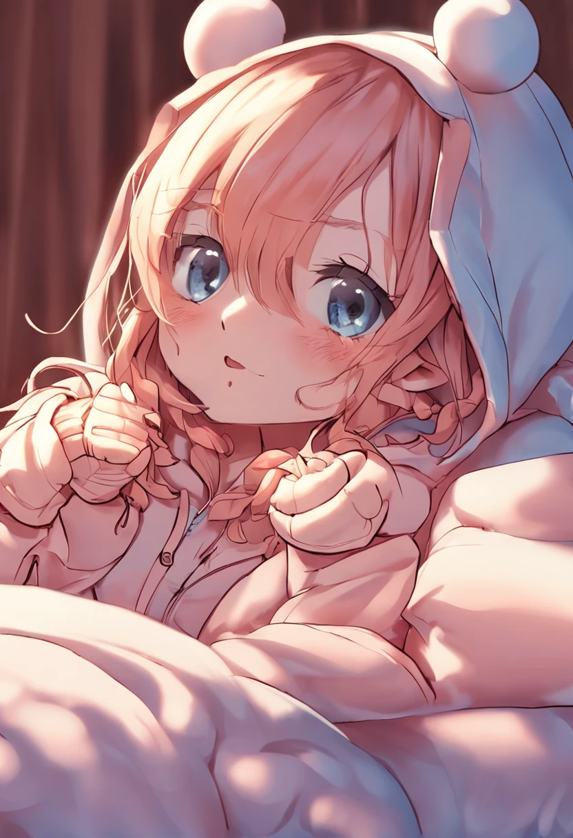 Antigen Style, Antigen, smooth lines, colorful hair, big eyes, detailed face, cute face, cute girl, blue onesie pajamas, pajamas with hood, stuffed teddy bear on bed, beautiful lighting, sitting on bed, cute pose, light smile, adorable girl, blonde hair, bangs, blue eyes, hooded onesie, cute girly bedroom, laying on pillows, hood over head, large pupils, dark eyes, 1girl, flat colors, good hands, long sleeves, oversized pajamas, slim body, laying on stomach, big sleeves, sleeves over hands, hands covered by sleeves, fuzzy pink slippers