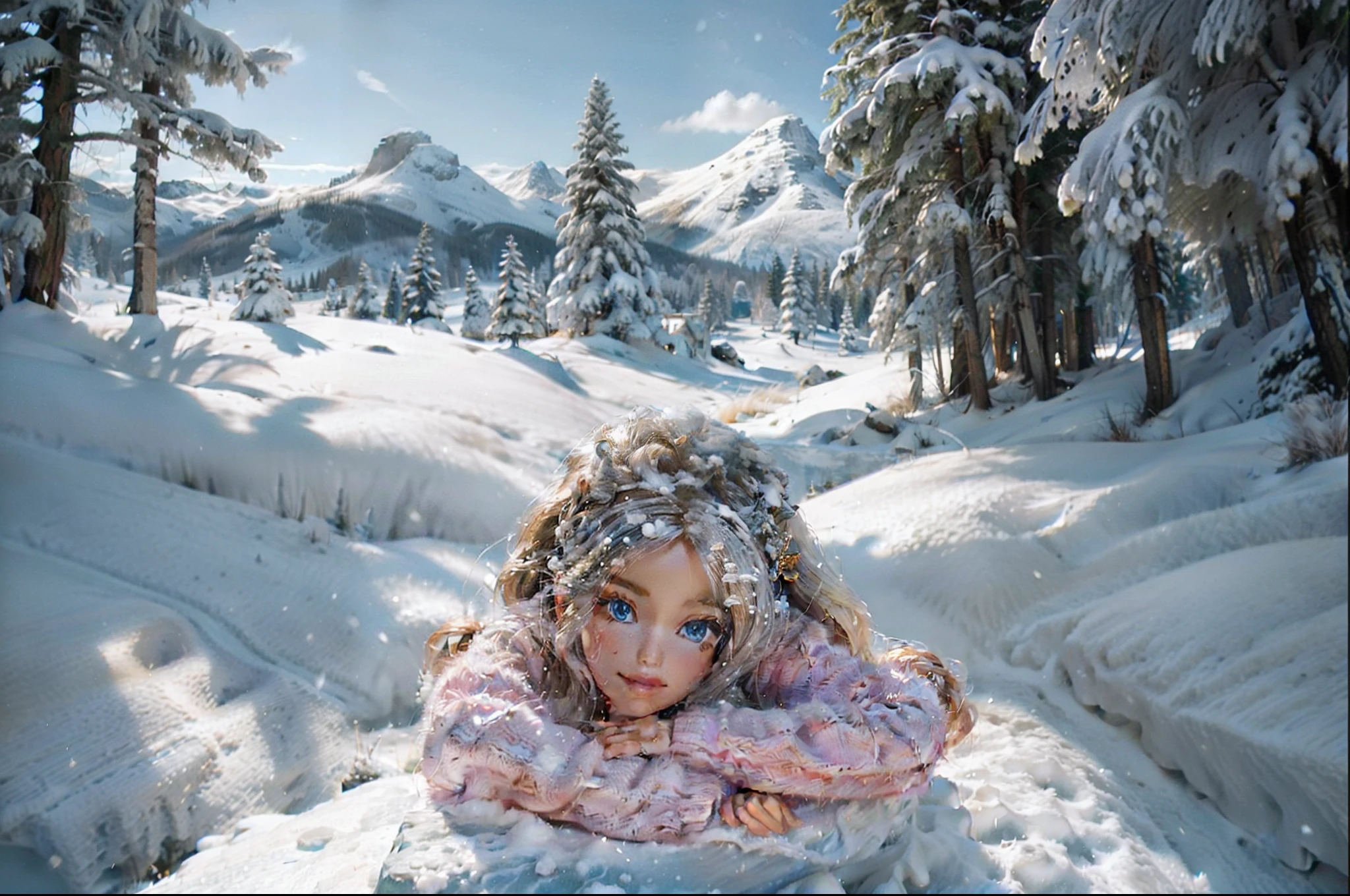 Barbie climbieng on a montain, dressed with winter cloths, rocks, pines, some other trees, snow, lake and valley in the distance, highly detailed, blue sky and clouds, illuminated by morning light, Great angular, deep depht of field.