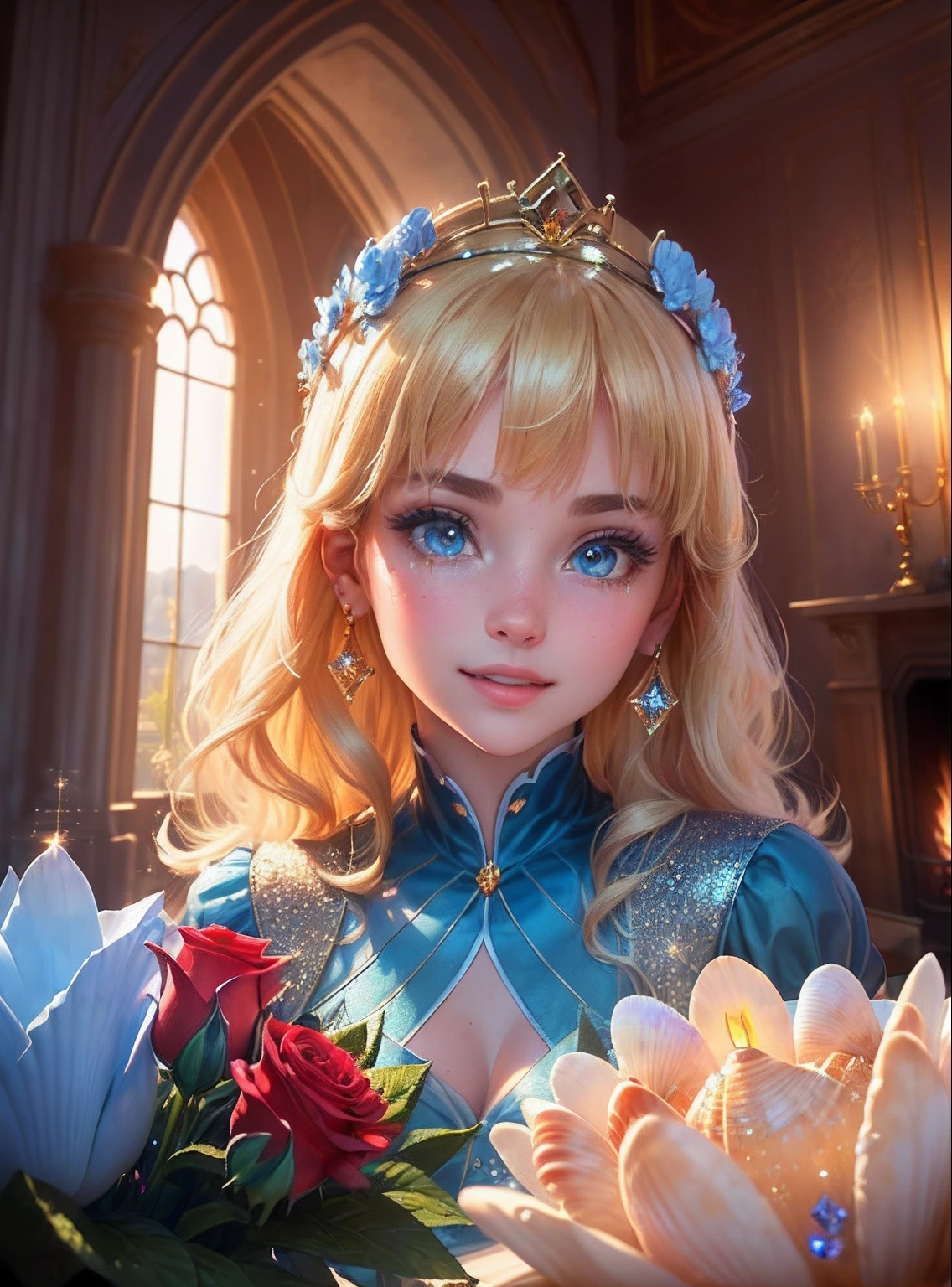 masterpiece, (((best quality))), ((highly detail eyes)), ((perfect eyes)), ((((beautiful eyes)))), both eyes are the same, smooth, (((((perfect face))))), extremely detailed 8K, high resolution, ultra quality, glare, Iridescent, Global illumination, real hair movement, realistic light, realistic shadow, perfect quality, detailed shadow and light, pixar, ((FANTASY)), ((MAGIC)), (((cinematic light))), colorful, hyperdetail, dramatic light, intricate details, best quality, (extremely detailed CG unit 8k wallpaper, masterpiece, best quality, ultradetailed, best shadow), (detailed background: 1.4), (beautiful and detailed face, beautiful detailed eyes), High contrast, (better lighting, extremely delicate and beautiful) beautiful and detailed brightness, 3D, HIPER quality, 2K, 3K, 5K, 6K, 7K, 8K,
((((cute and delicate girl)))), ((((blonde hair))))),((medium hair)), ((((kawaii)))), ((cute eyes))) , ((((kawaii eyes))))
((((Princess)))), ((((Princess flower crown))))
(((((LONG FLOWER BIG dress detailed glitter pastel RED crystal princess dress))))),
shiny crystal shoes, ((gold accessories, gold earrings, flower accessories, pearl accessories)),((happy expression)), (((((blue crystals)))))
((((INTERIOR OF THE CASTLE, CASTLE ROOM WITH FLOWERS, CASTLE ROOM WITH SUNSHINE, COZY CASTLE, BRIGHT CASTLE, CASTLE ROOM WITH LAMPS, PILLOWS, ))), ((WATER FOUNTAIN WITH ROSE FLOWERS)))), (SHELL ACCESSORY), ((((((LAKE, SHELLS, FLOWERS,WATER SOURCE))))))), (((((FIREPLACE)))))
(((SHINES, SPARKLES)), GOLD, (((sparkles))), ((shiny butterflies flying)),