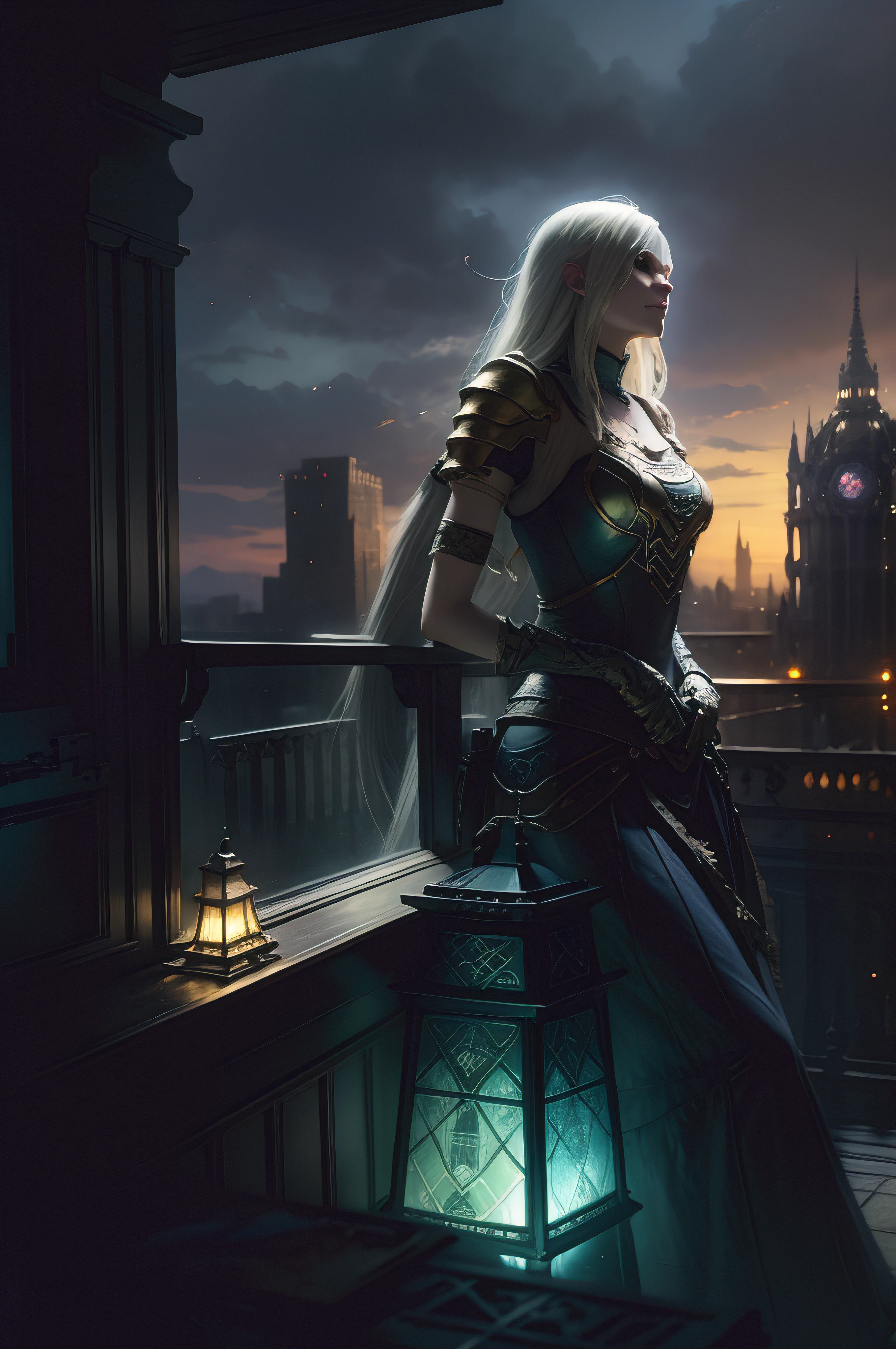 Beautiful impressionist painting Final Fantasy White-Haired Princess overlooking the city, fantasy, Bright, Dramatic, Beautiful lighting, Jeremy Mann's fusion with Jean-Baptiste Monge and Dalek Zabroki, Aaron Griffin, Lots of details, High quality, Detailed, Refined, Beautiful, absurderes, Masterpiece