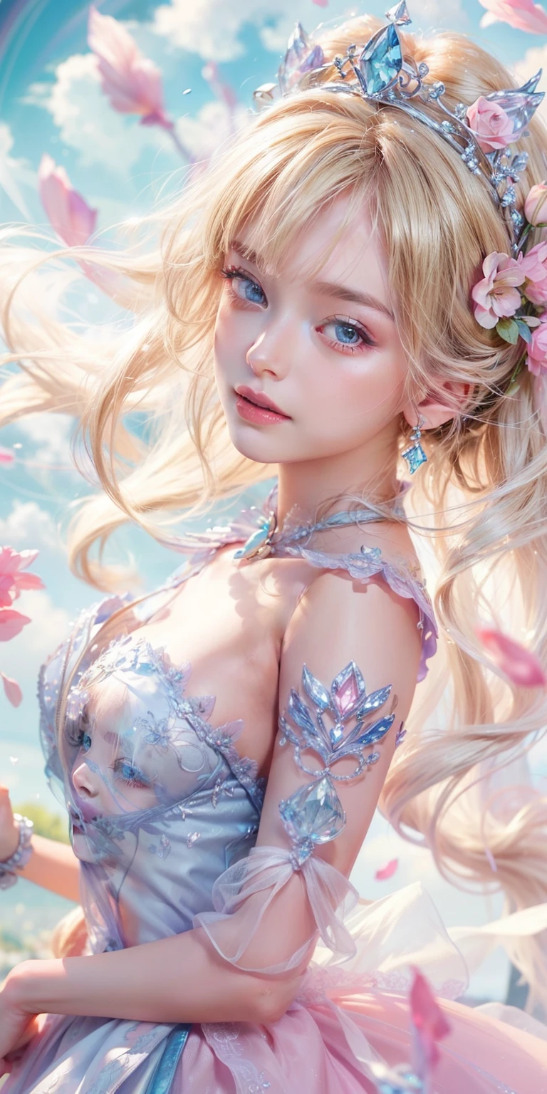 Beautiful transparent Barbie princess, Transparent colorful petals, delicated face，Blonde hair fluttered in the wind､Princess dress，Beautiful blue sky and white clouds、The princess has a beautiful crown､kindly smile､Beautiful garden background､Gentle and transparent，anatomy correct, Delicate pattern，Pink rose space, Soft lighting, ( Bokeh)，Masterpiece, Super detailed, Epic composition, Highest quality, 8K，Epic romantic fantasy digital art，Epic fairy tale fantasy digital art，Mythological fantasy，UHD resolution，Detailed detail drawing，realisticlying，Very realistic，cinmatic lighting,an award winning photograph,rich colours，hyper realistic lifelike texture，dramatic  lighting