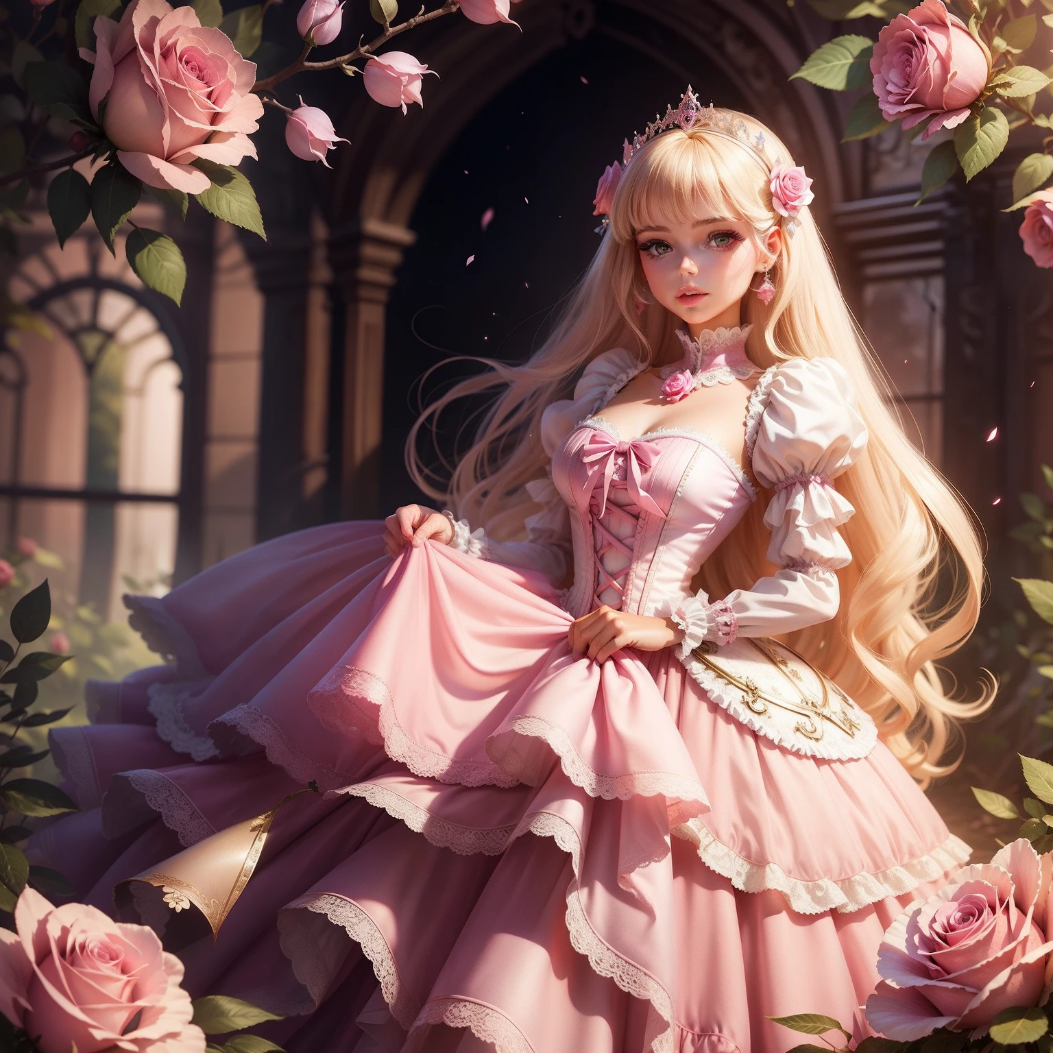 Beautiful transparent Barbie princess，Victorian fairy tale ball dress，Pink rose space，Fairy tale fantasy art