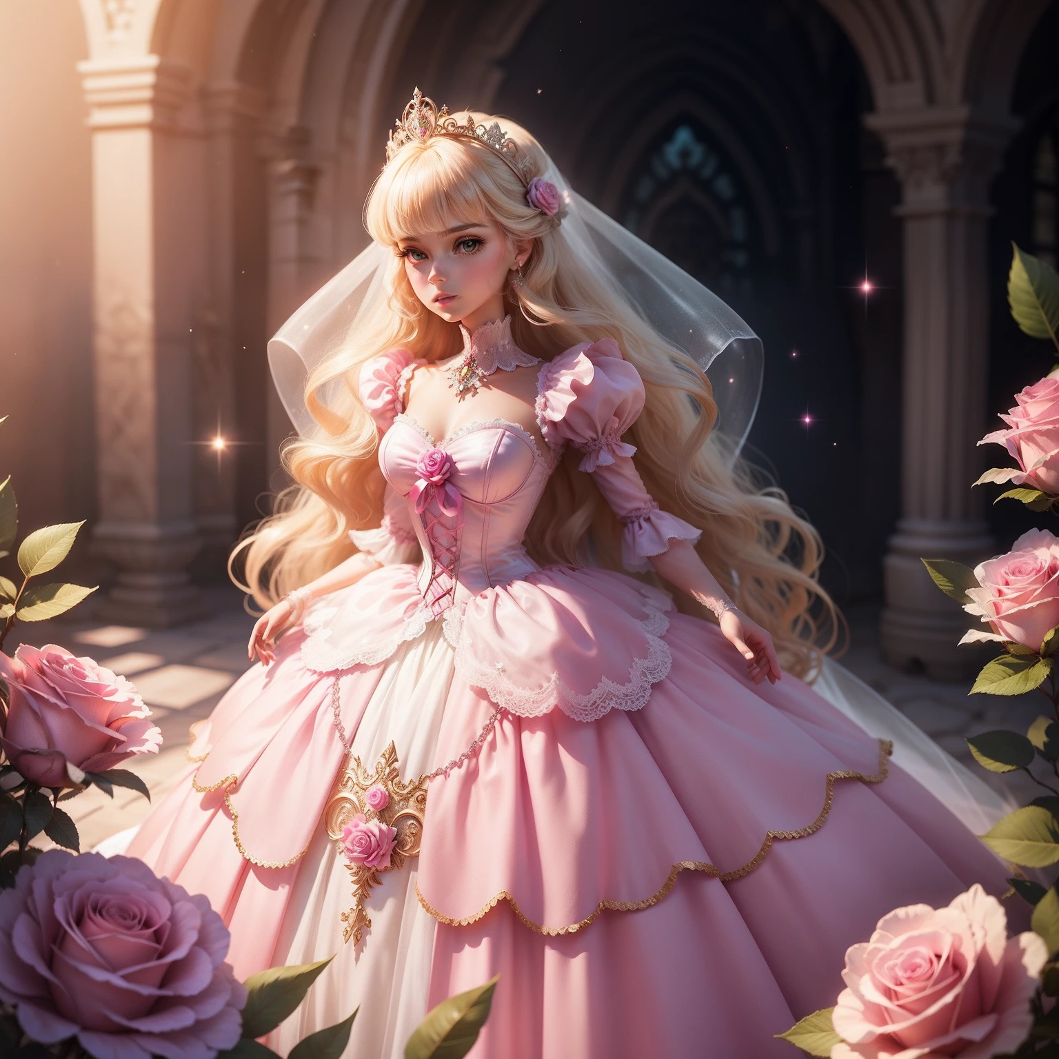 Beautiful transparent Barbie princess，Victorian fairy tale ball dress，Pink rose space，Fairy tale fantasy art