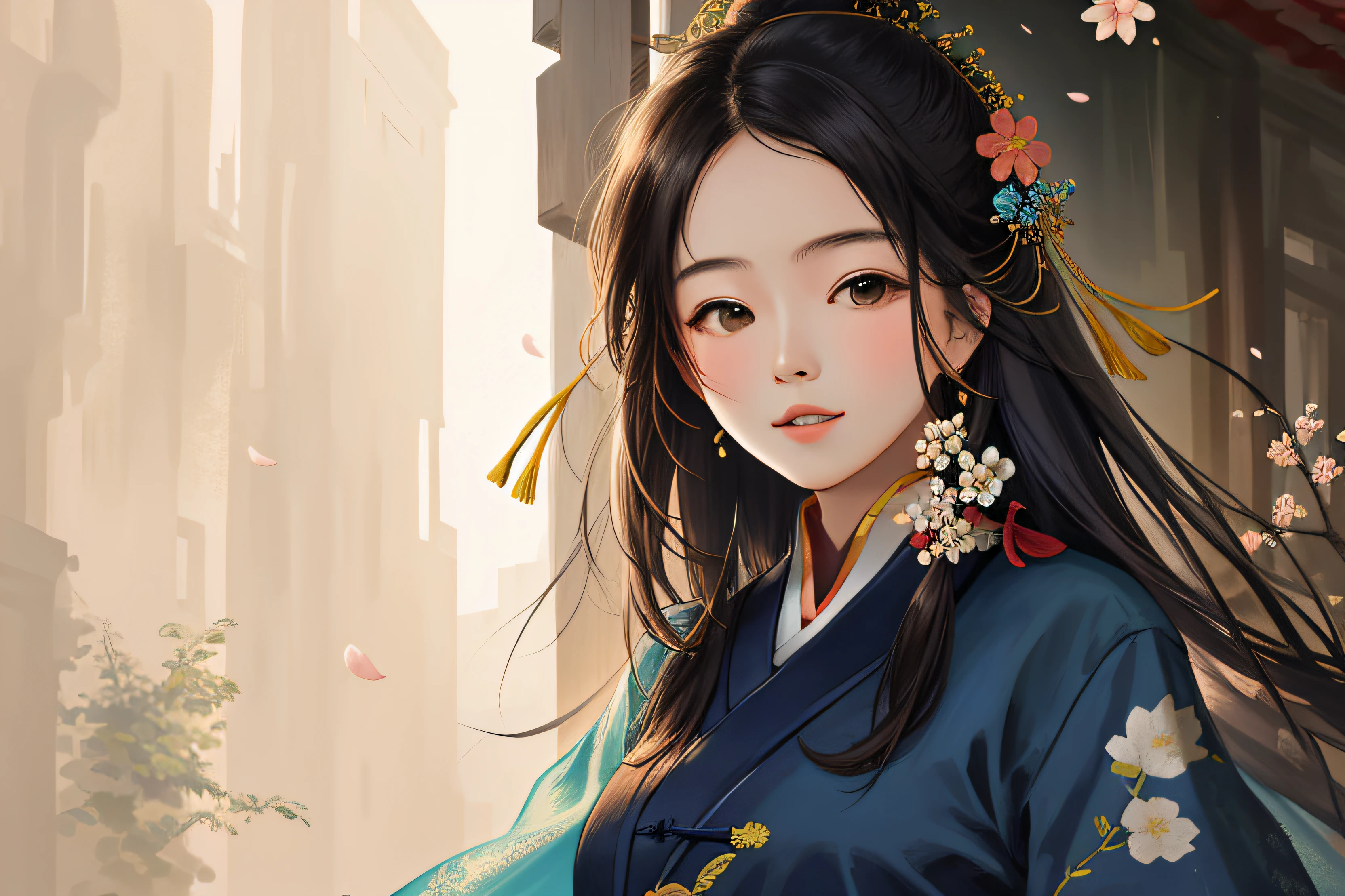 chinese, girl, wind, river, flower, blossom, countryside, happy