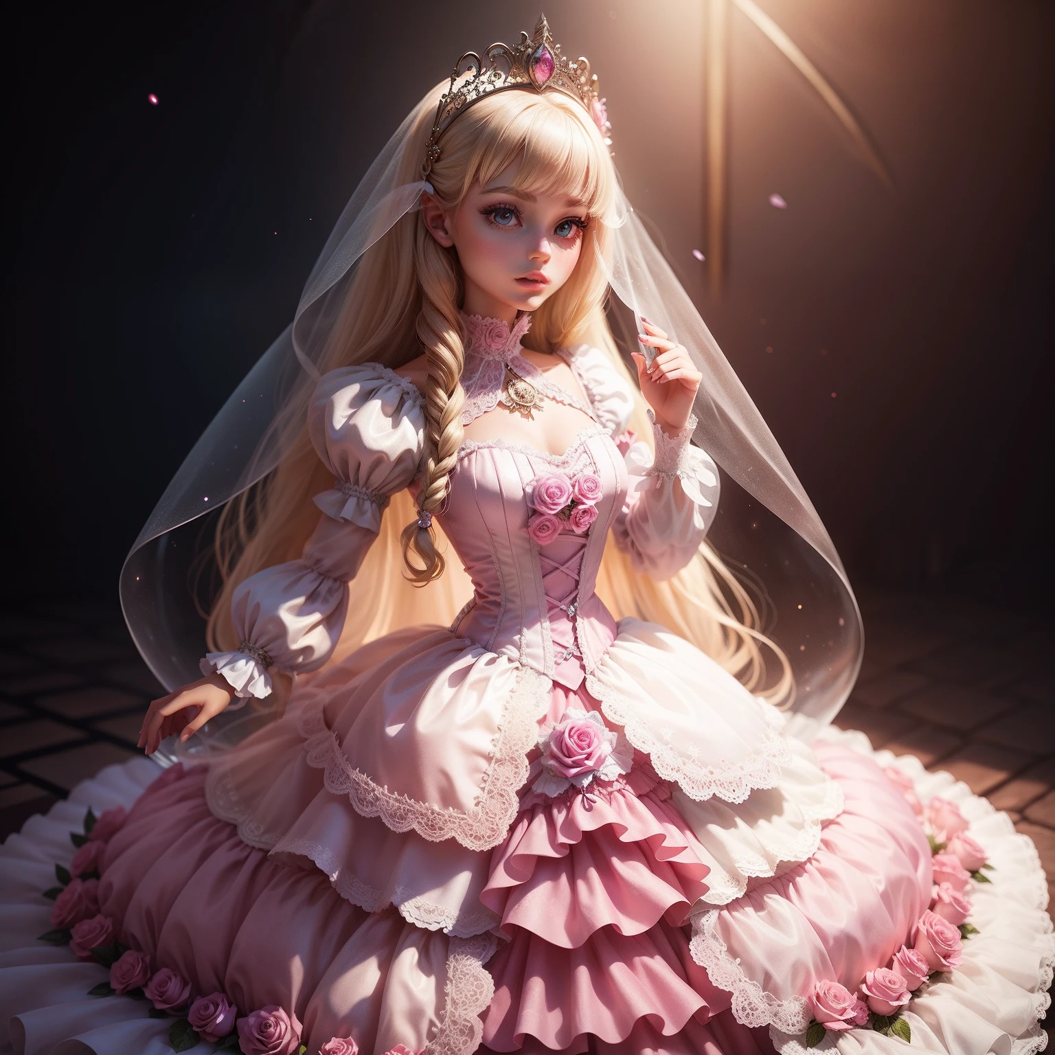 There is a doll wearing a wedding dress, white anime barbie,Space for pink roses,  Anime princess, Portrait of a princess, blonde hair princess, gentle smile, Kushatt Krenz Key Art Women, 3d rendering stylized, 3 D rendering character art 8 K, cute detailed digital art,  Anime style 3D，muste piece, super detailed pussy, epic composition, Top quality，Epic Romantic Fantasy Digital Art，Epic fairytale fantasy digital art，Mythological fantasy，