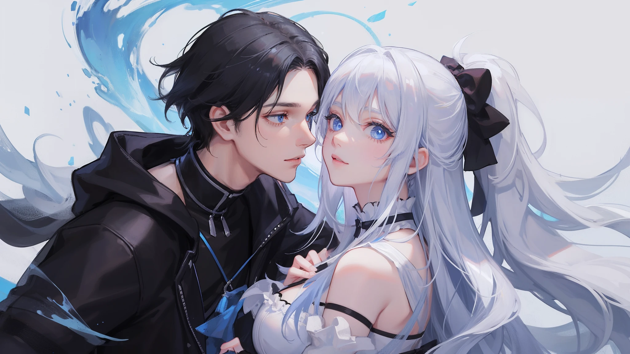 Young girl in white hair and blue eyes hugging boy with black hair and blue eyes,bust
