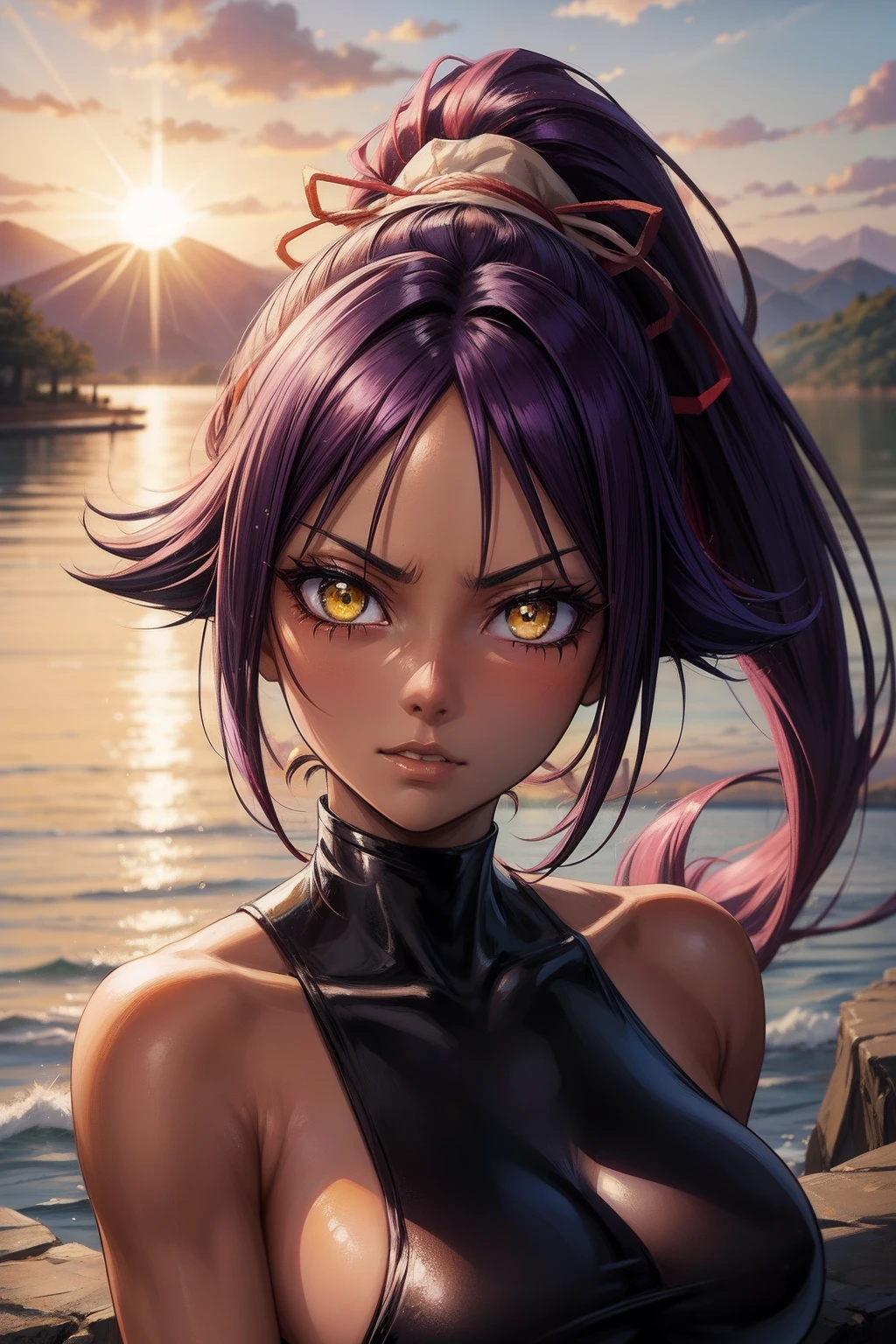 best quality, expressive eyes, perfect face, close up on face, shihouin yoruichi (Bleach), dark skin, (black leotard), yellow eyes, purple hair, long hair, ponytail, sunrise, lake