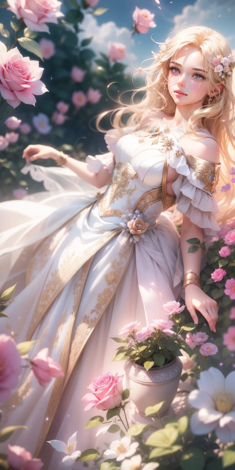 Beautiful transparent Barbie princess, Transparent colorful petals, delicated face,Blonde hair fluttered in the wind、Starry sky blonde,Blonde hair,Beautiful blue sky and white clouds、Girls have transparent wings、kindly smile、Beautiful garden background、Gentle and transparent,anatomy correct, Delicate pattern,Pink rose space, Soft lighting, ( Bokeh),Masterpiece, Super detailed, Epic composition, Highest quality, 8K,Epic romantic fantasy digital art,Epic fairy tale fantasy digital art,Mythological fantasy,UHD resolution,Detailed detail drawing,realisticlying,Very realistic,cinmatic lighting,an award winning photograph,rich colours,hyper realistic lifelike texture,dramatic lighting