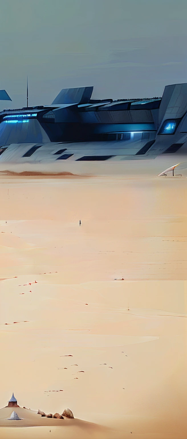 From the beach, You can see the land in the distance, High-tech castle， digitial painting, realisticlying，bottom body close up, zoomed out very far, Thick paint is visible, stardestroyer in the background, spaceship in background，Shiny spaceship，Glowing spaceship，game background，combat scene