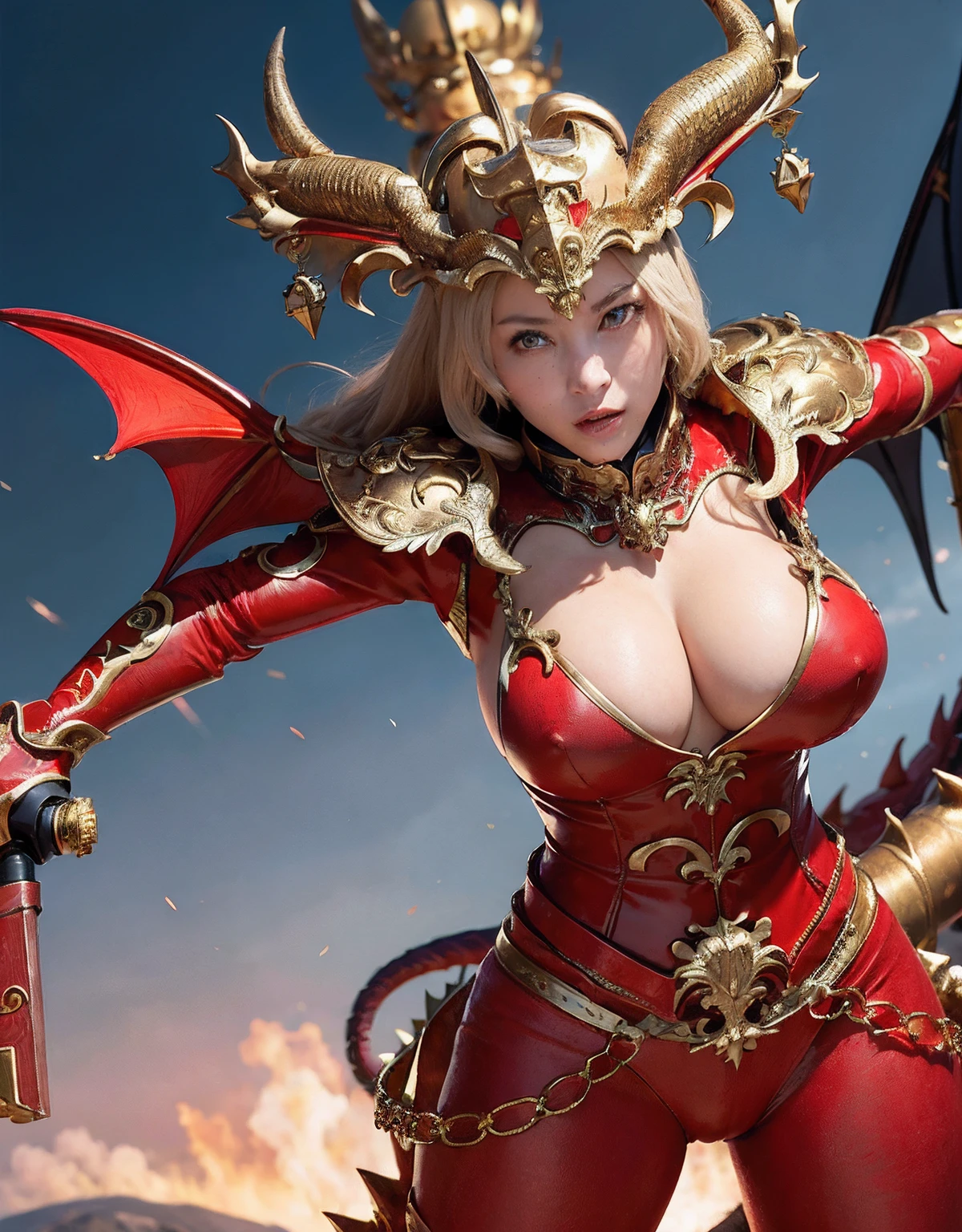 Professional , ​masterpiece、top-quality、photos realistic , depth of fields 、（Dragon Red Metal Body:1.９),(Enamel Red、（cleavage of the breast）、Dragon Gold Weapon、（Red Micro Bikini Armor:1.４),Gorgeous gold weapons ,（（ Dragon's dense and gorgeous sword）） , （demonic wings）、（（a blond））、（Castle background）、（（Gangle's forest background））、（（Fight dragons））、Beautiful Caucasian beauty、１a person、dynamic ungle,(((Detailed and ornate dragon helmet)))、Smaller head、A smile、Castle background、Thin and beautiful female hands、cleavage of the breast、Soldier in iron armor on background、Mystical expression、Light Effects、intense fighting、Wind-effect、magic circles、With the legendary magic wand、Dragon's tail、explosions、Anatomically correct body、