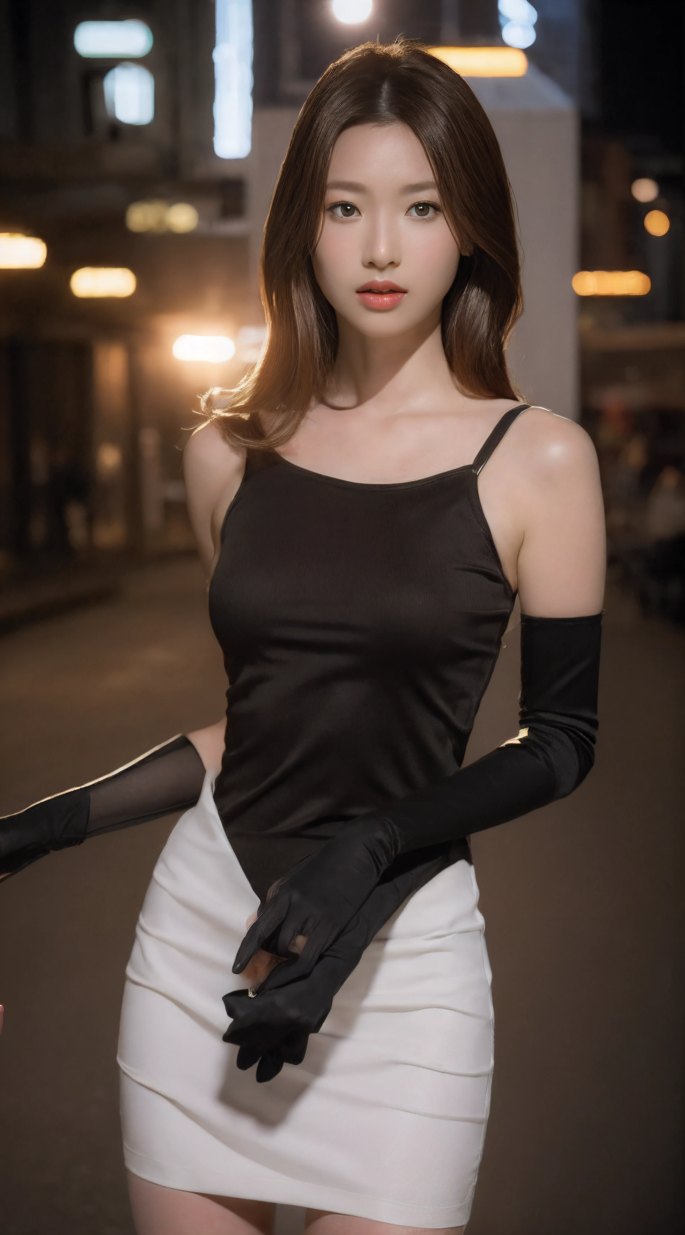 ((Realistic lighting, Best quality, 8K, Masterpiece: 1.3)), Clear focus: 1.2, 1girl, Perfect body beauty: 1.4, Slim abs: 1.1, ((dark brown hair)), (White dress: 1.4), (Outdoor, night: 1.1), City Street, Super Fine Face, Fine Eyes, Double Eyelids, (Over the knee black stockings: 1.5)